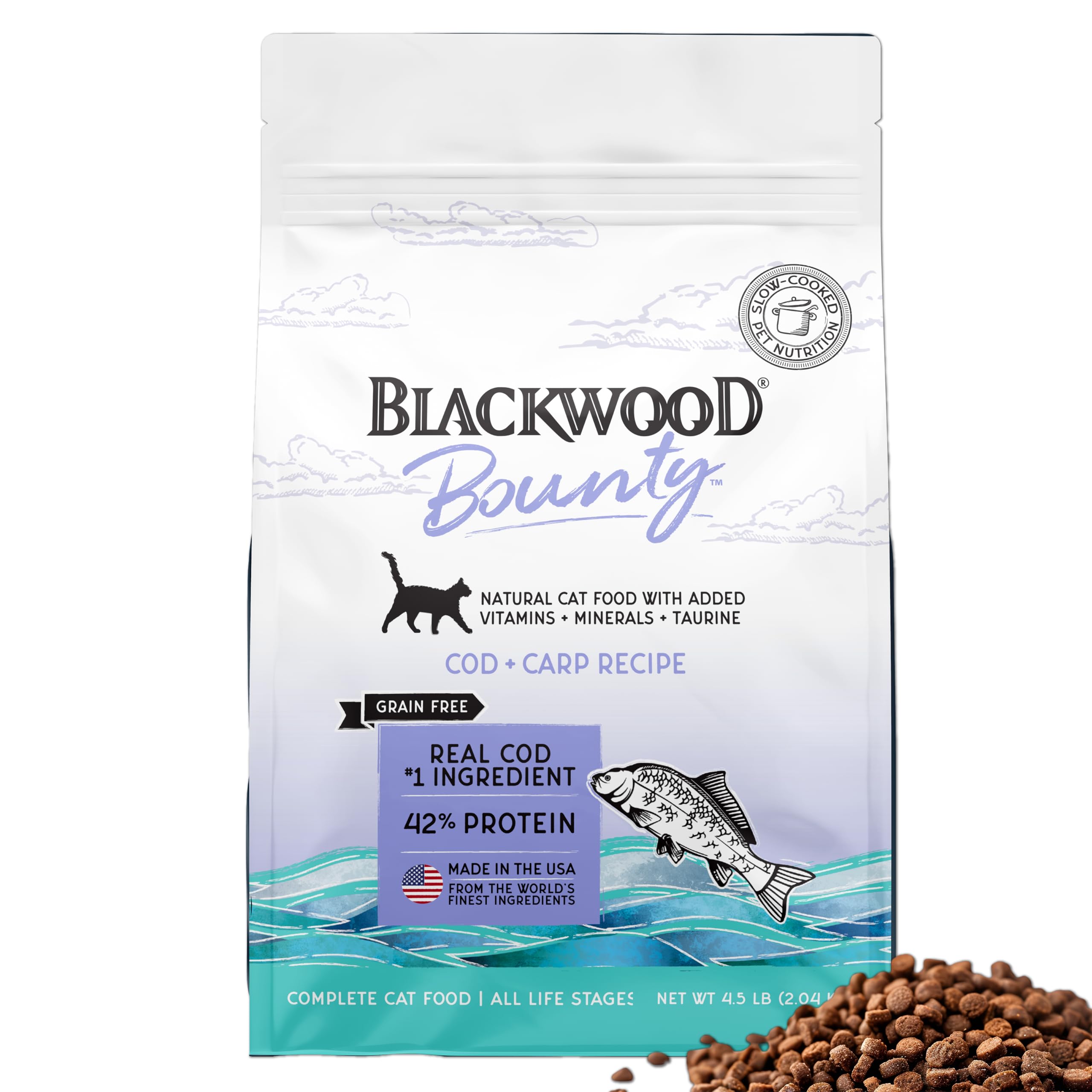 Blackwood Bounty Dry Cat Food, Cod & Carp Recipe for All Life Stages, 4.5 Pound Bag, High Protein, Grain Free