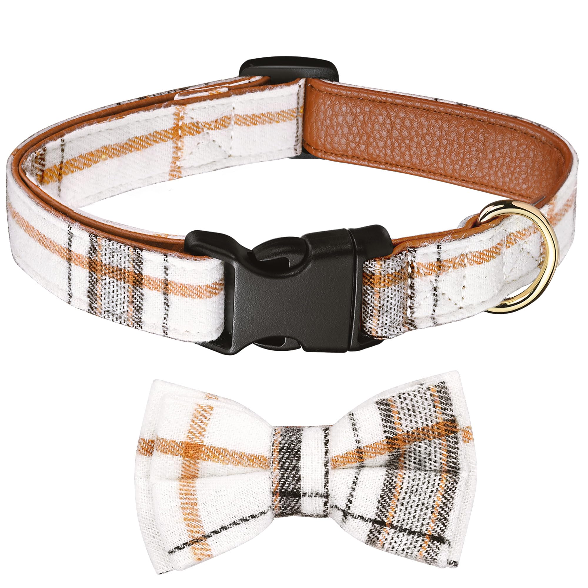Wipalor Adjustable Dog Collar Girl Boy With Detachable Bowtie, Classic Plaid Dog Collar, Soft Leather Cotton Dog Collars For Med
