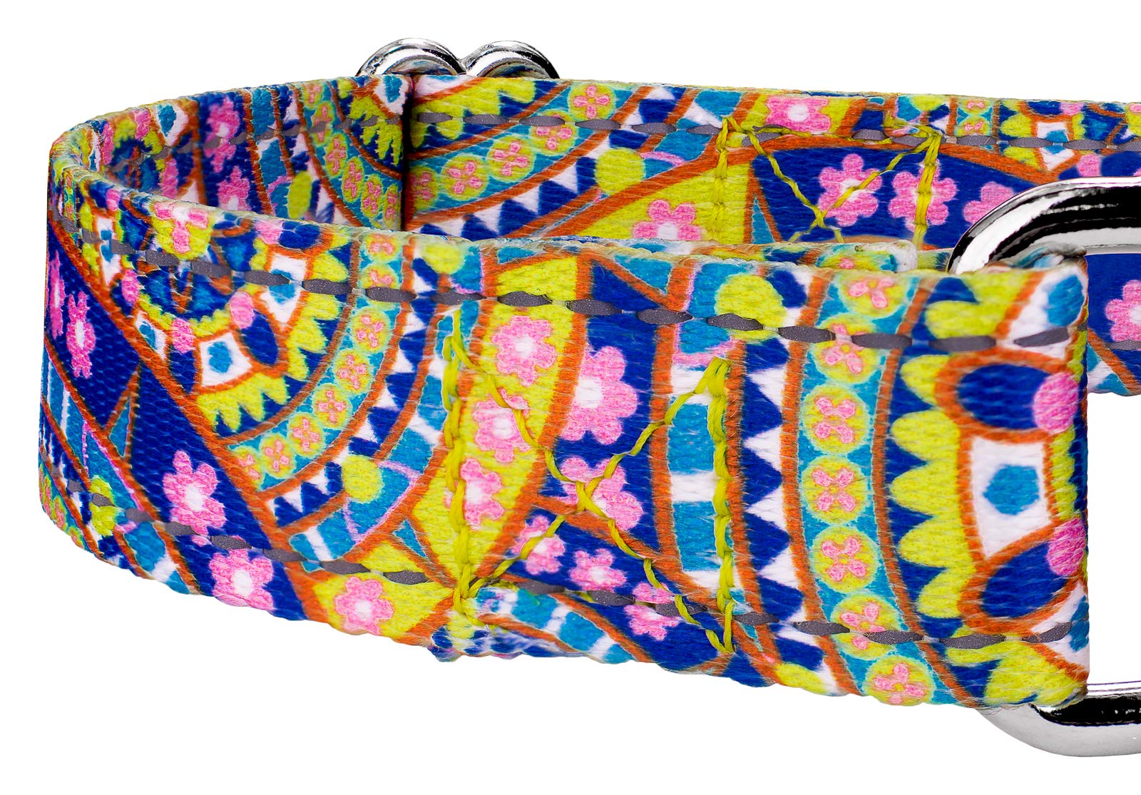 Country Brook Petz - Yellow Boho Mandala Reflective Martingale Dog Collar Collection With 12 Night Safe Designs (1 Inch, Extra L