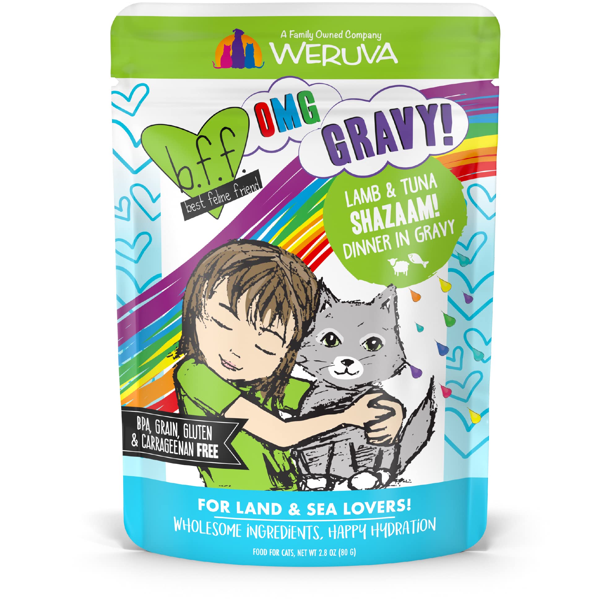 Weruva B.F.F. OMG - Best Feline Friend Oh My Gravy!, Shazaam! with Lamb & Tuna in Gravy Cat Food, 2.8oz Pouch (Pack of 12)