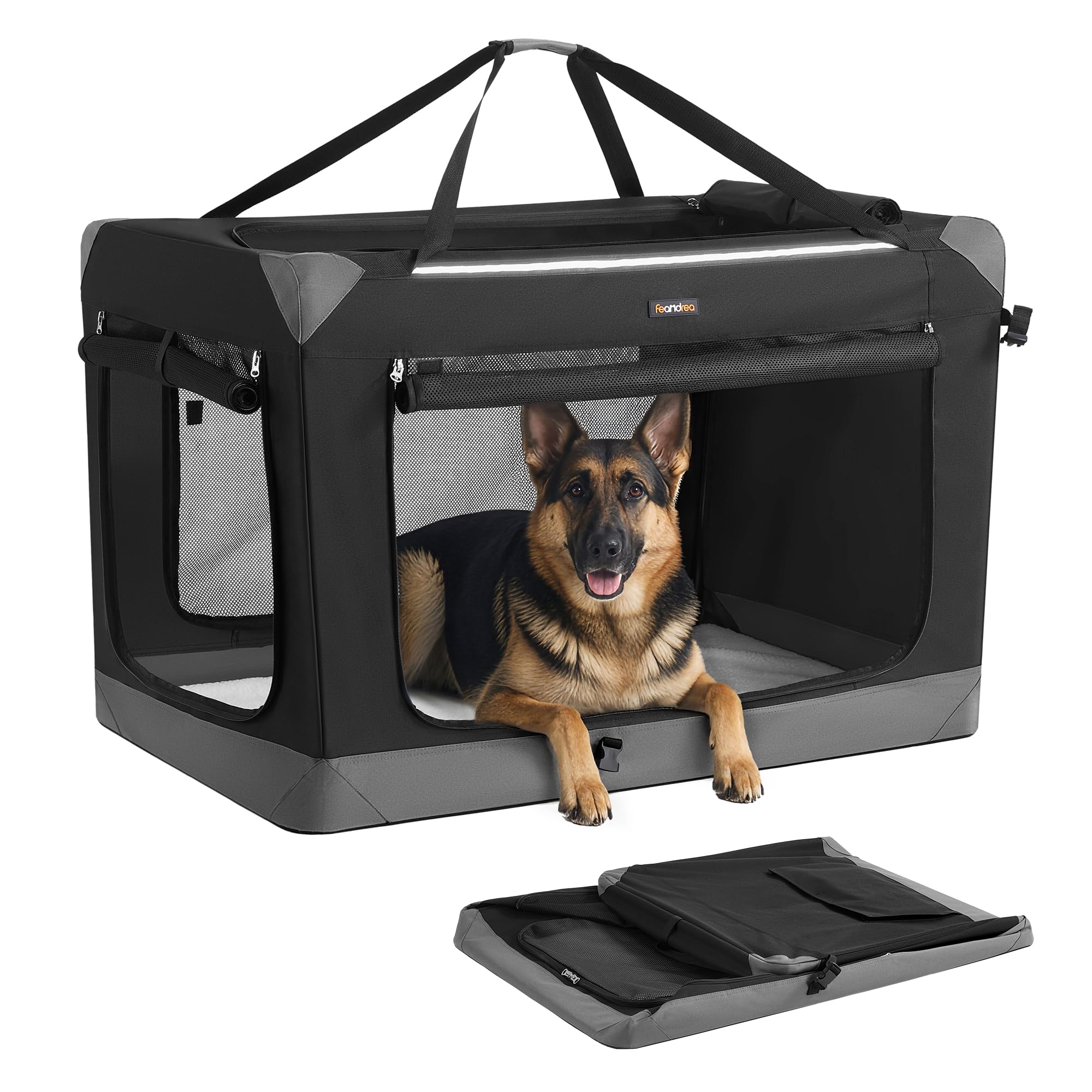 Feandrea Collapsible Dog Crate, Portable Oxford Fabric Pet Travel Crate with 4 Mesh Doors, Handles, Pocket, 42 Inches, for Large
