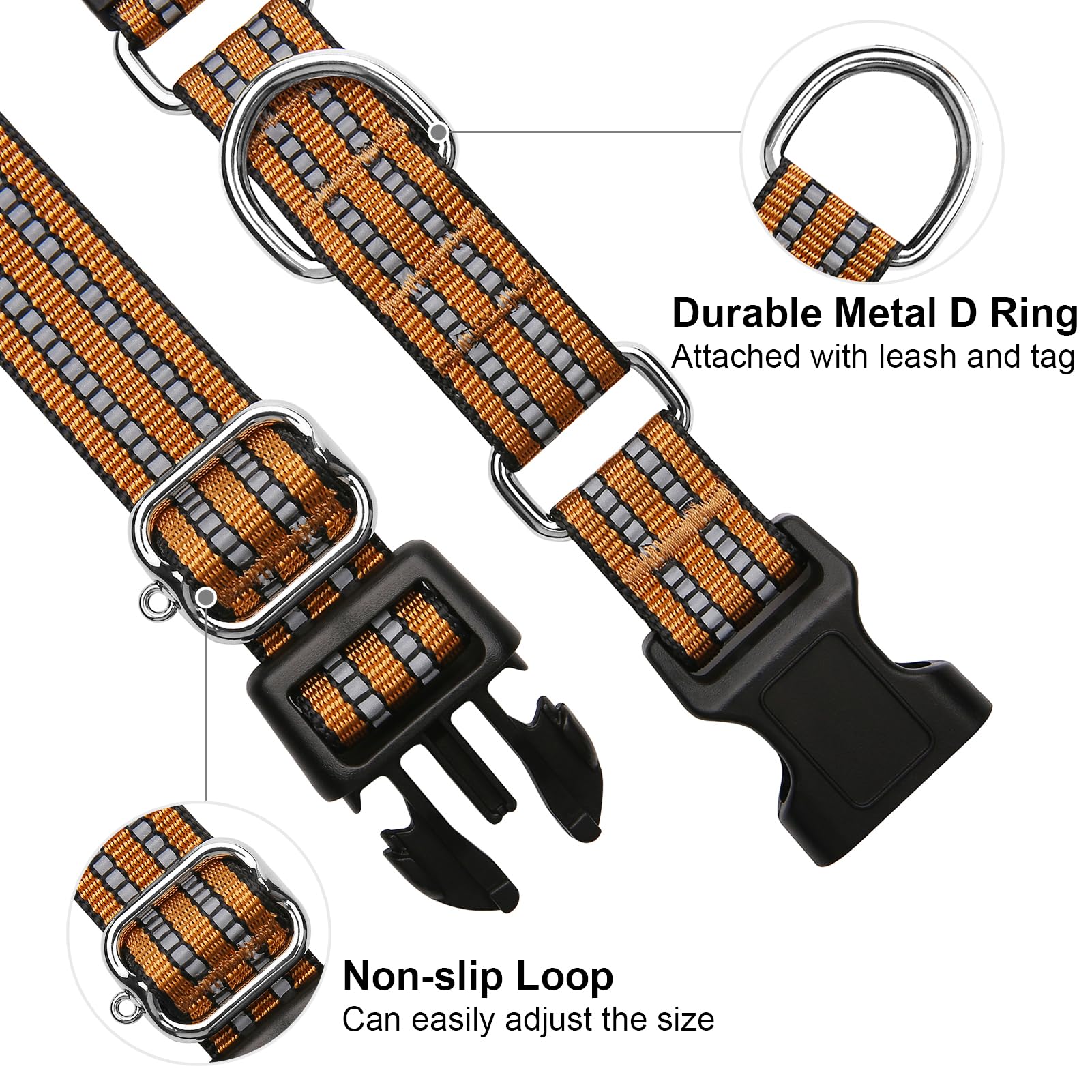 Joyeeiioo Martingale Dog Collar, Adjustable Nylon Reflective Collar With Quick Release Buckle (Turmeric Brown, Large)