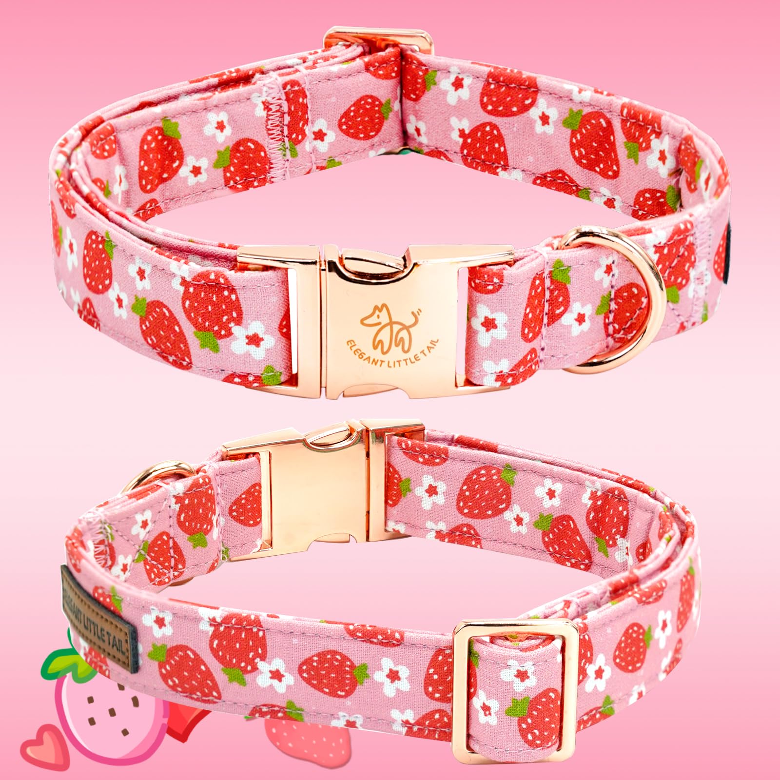 Elegant Little Tail Strawberry Print Cotton Soft Female Dog Collar, Xl, Handmade Bowtie, Unique Design, Durable Cotton Construct