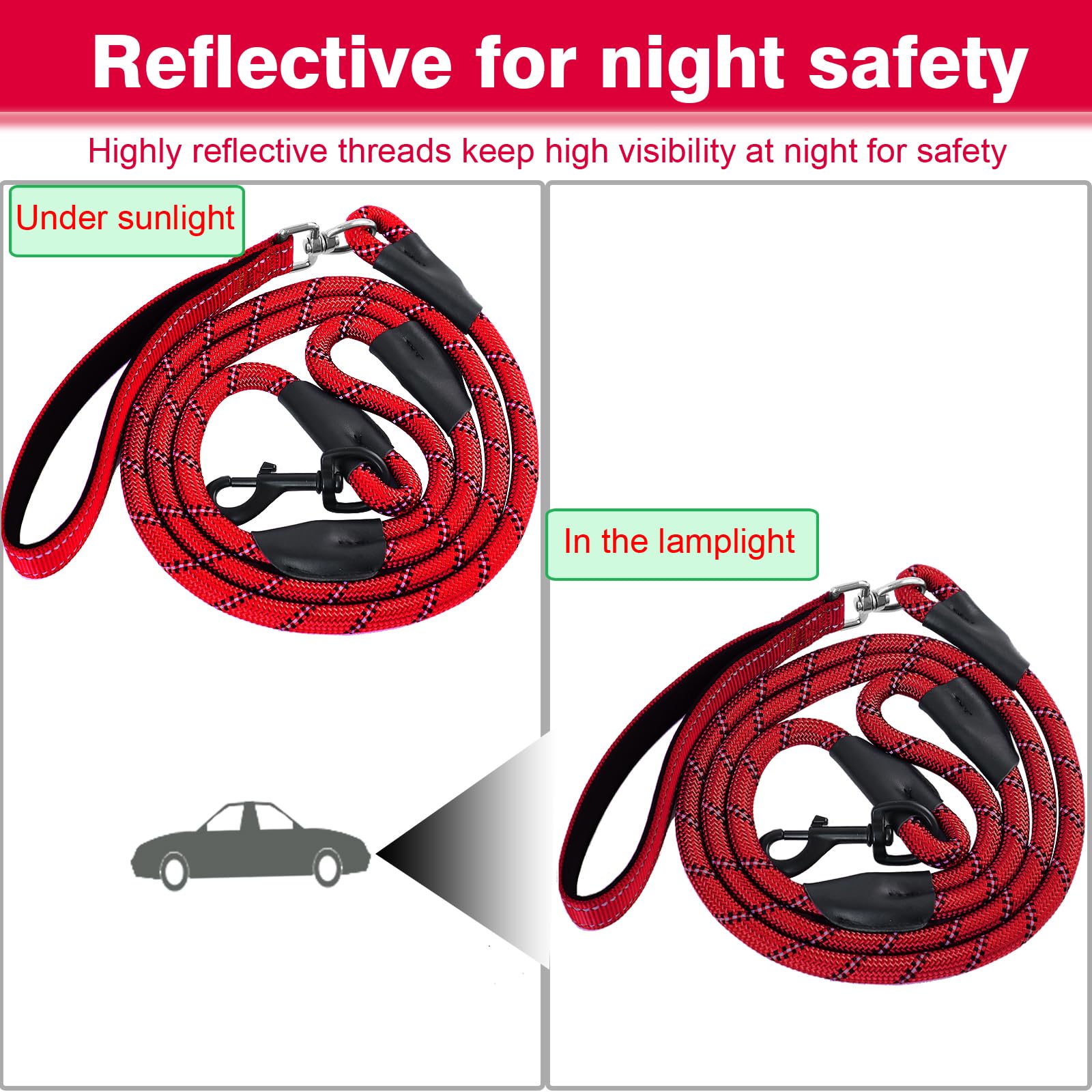Dog Leash, 6 Foot Dog Leash, 2 Extra Padded Handles, Lockable Metal Carabiner Clip, Reflective No Pull Heavy Duty Rope Lead, Wal