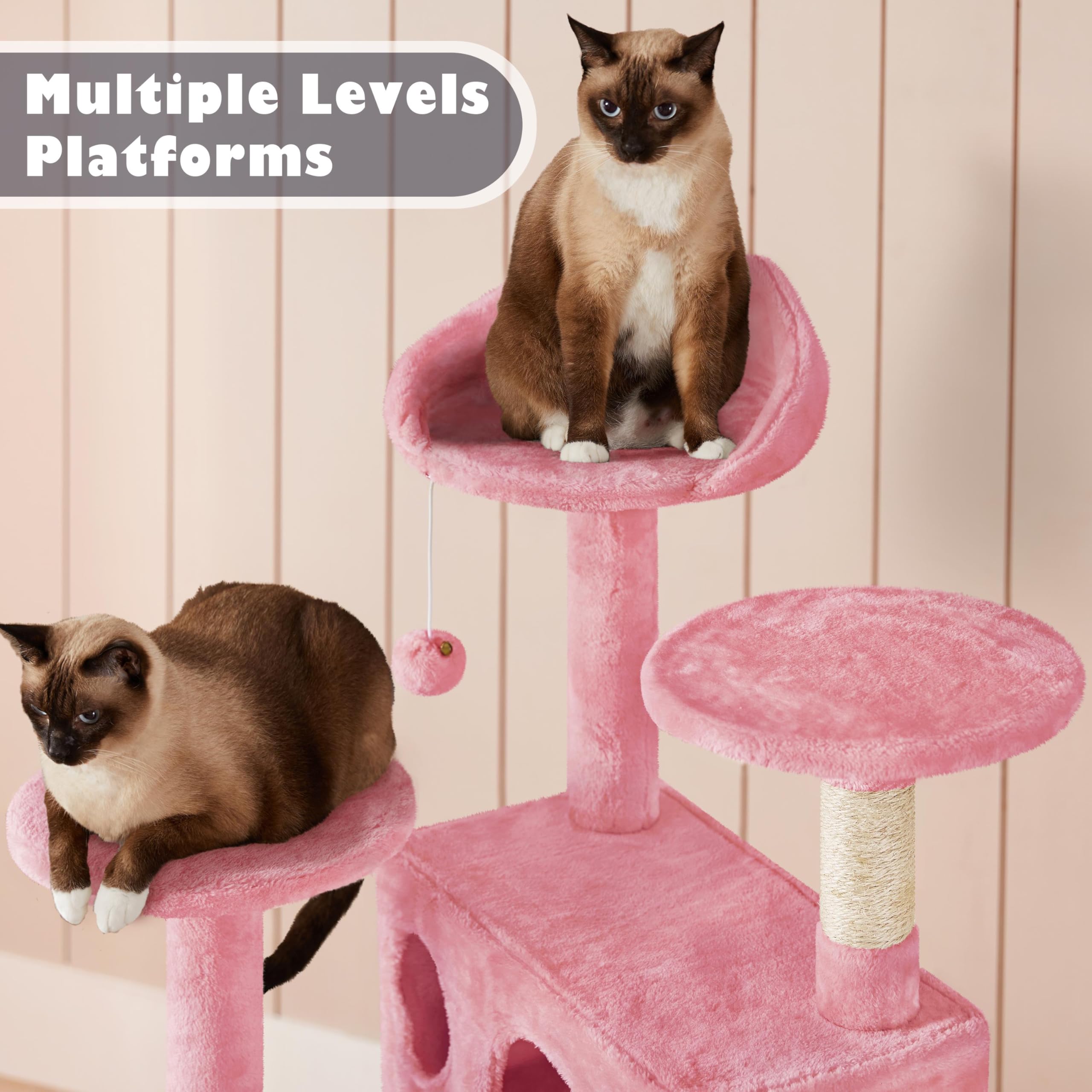 Yaheetech 54In Cat Tree Tower, Multi-Level Cat Tree For Indoor Cats With Scratching Posts, Dangling Balls Cat Play House, Pink