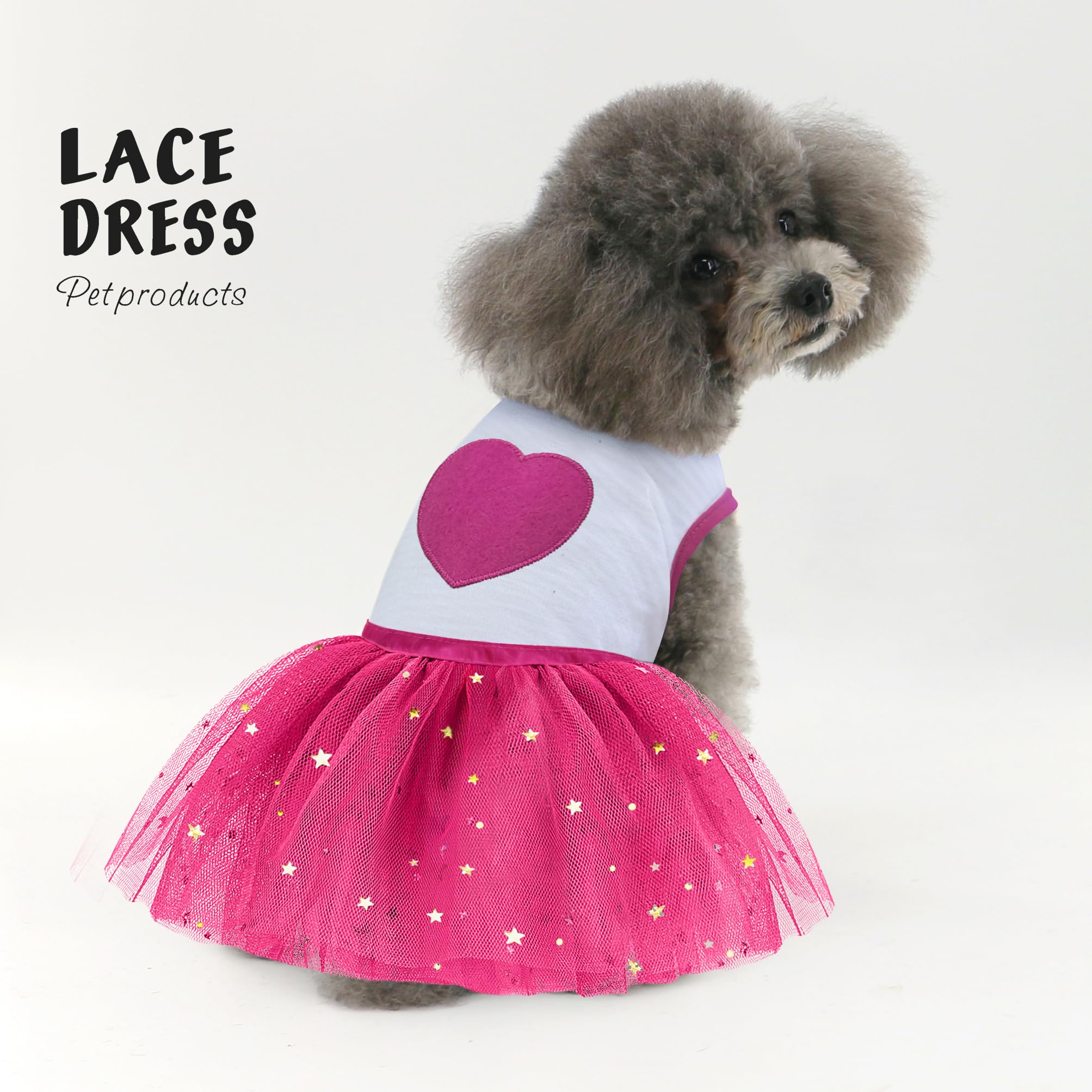 Idepet Spring Summer Pet Dog Cat Puppy Tutu Princess Dress Heart Printed Lace Dog Skirt Pet Apparel Dog Dress (Rose Red, L)