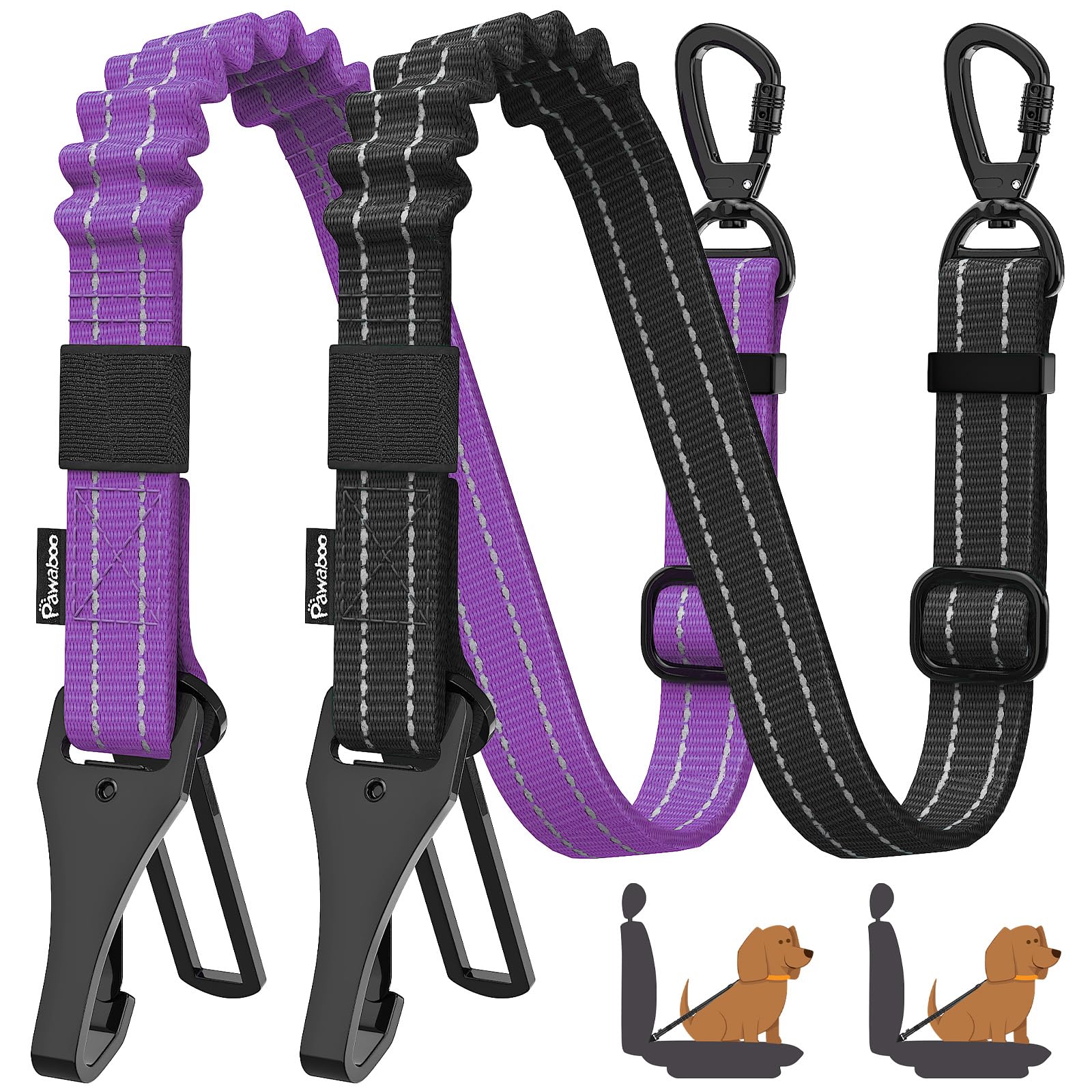 Pawaboo 2Pack Dog Seatbelt For Car, Dog Car Seat Belt Bungee, Shockproof Dog Tether For Car With Buckle & Hook Latch, Adjustable