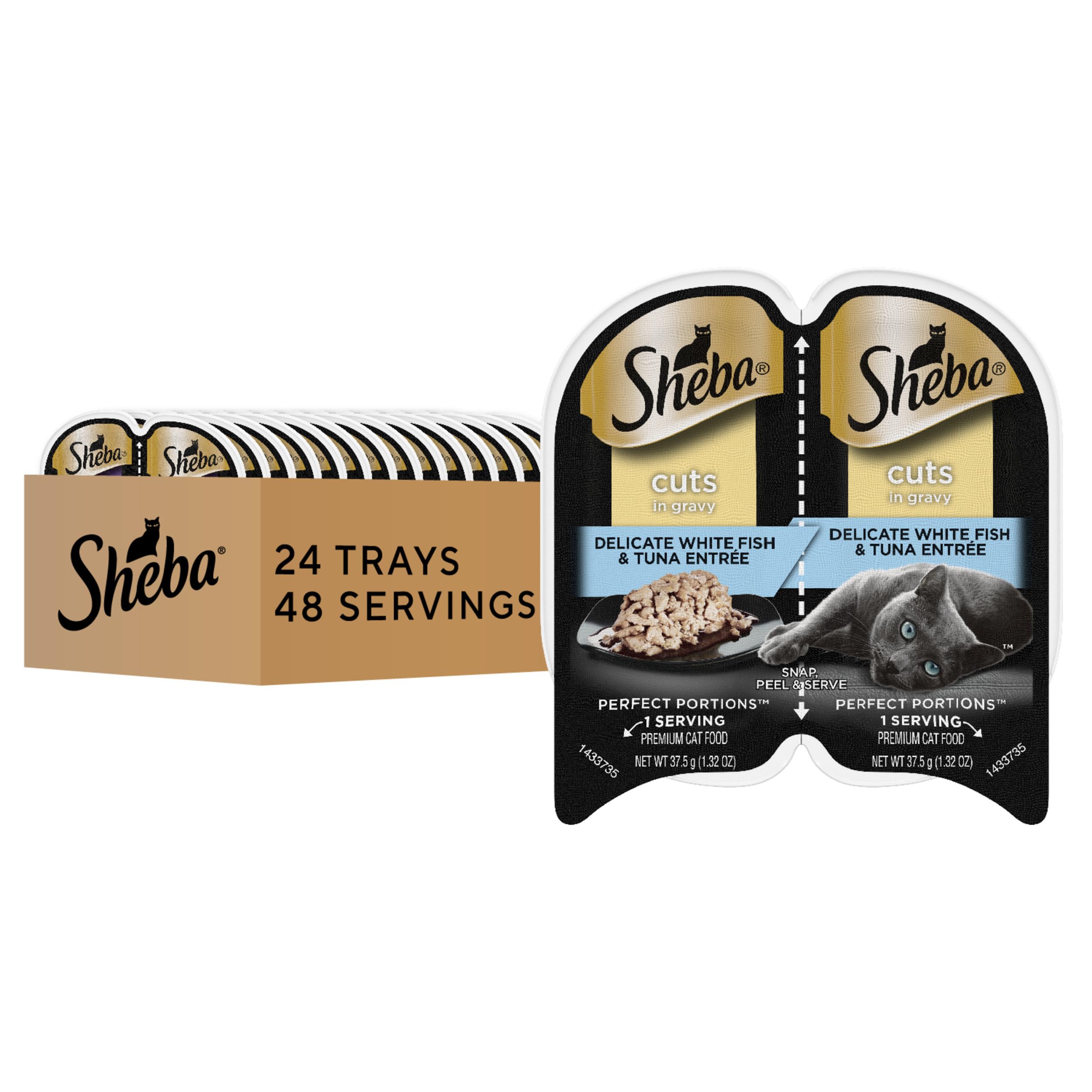 Sheba Perfect Portions Wet Cat Food Cuts in Gravy Delicate White Fish and Tuna Entree, 2.6 oz., Twin-Pack Trays (24 Count, 48 Se