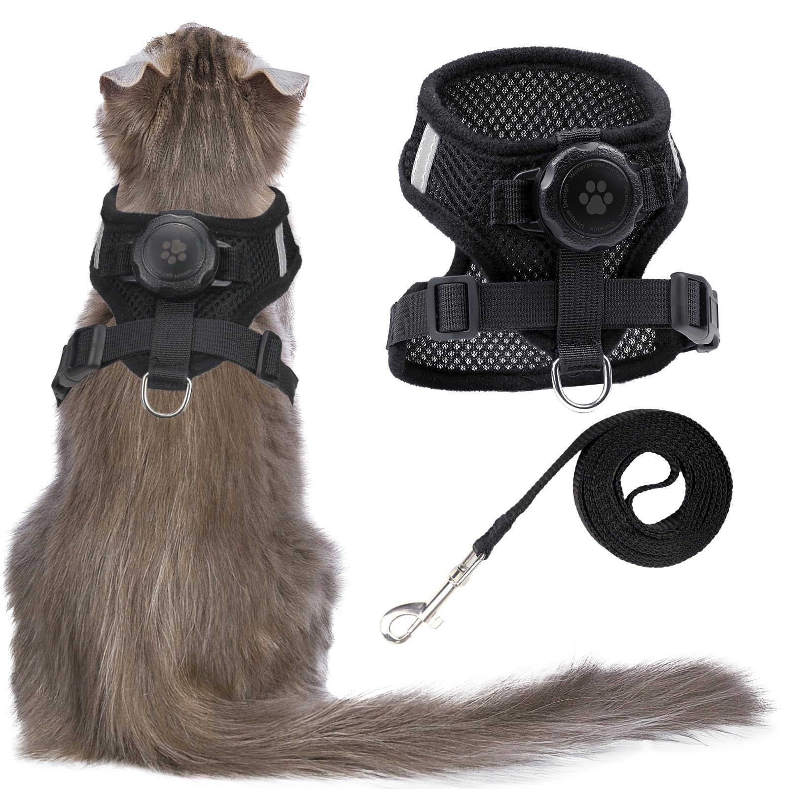 Airtag Cat Harness And Leash For Walking, Integrated Cat Vest With 100% Waterproof Air Tag Holder, Escape Proof Reflective Adjustable Vest Harnesses With Apple Air Tag Case For Cats, Kittens, Puppies