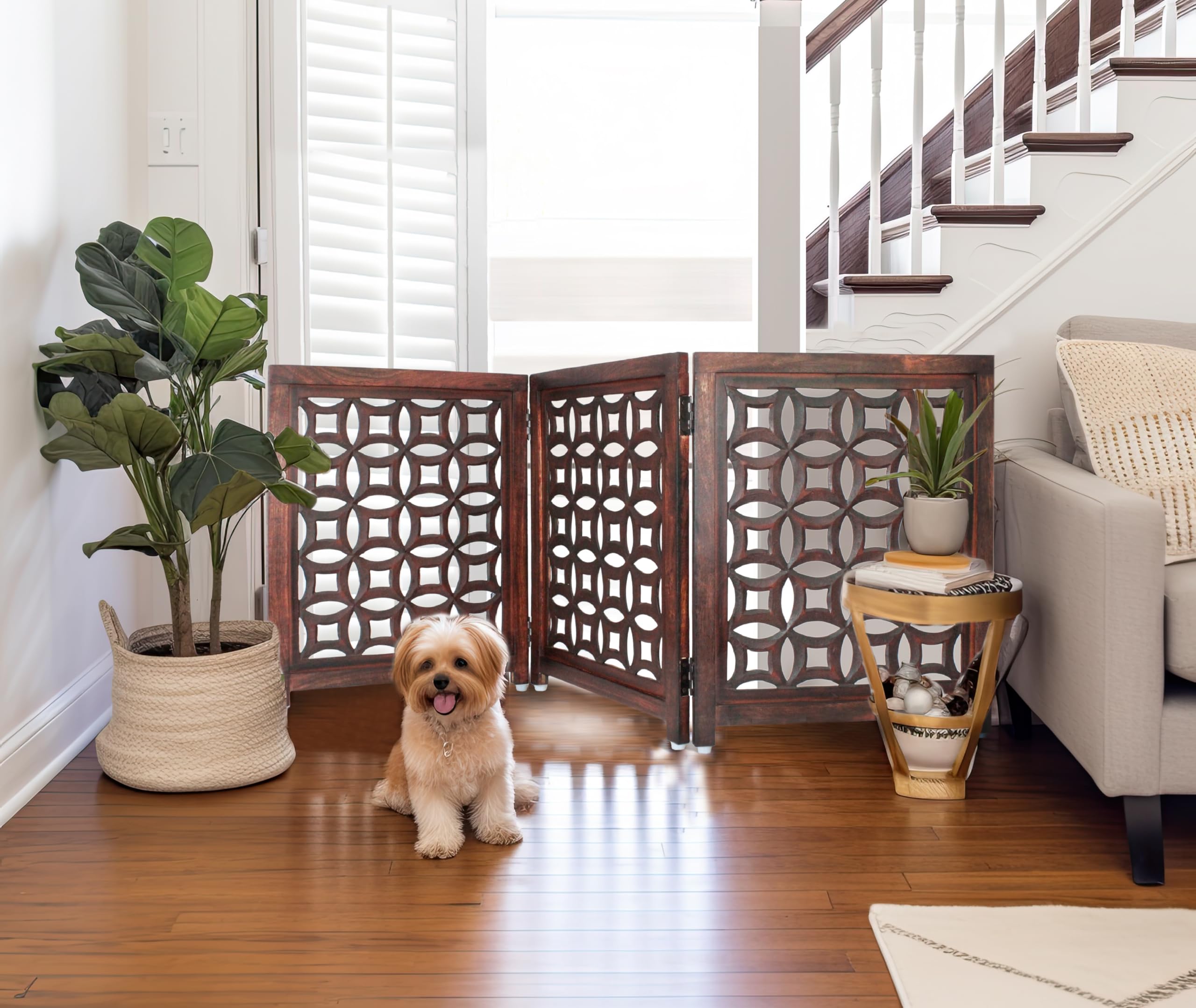 IRONGATE Wooden Foldable Pet Dog Safety Gate - 3 Panels, 20"W x 24"H, Antique Brown, Hand-Carved Solid Wood, Free Standing, Model 20153