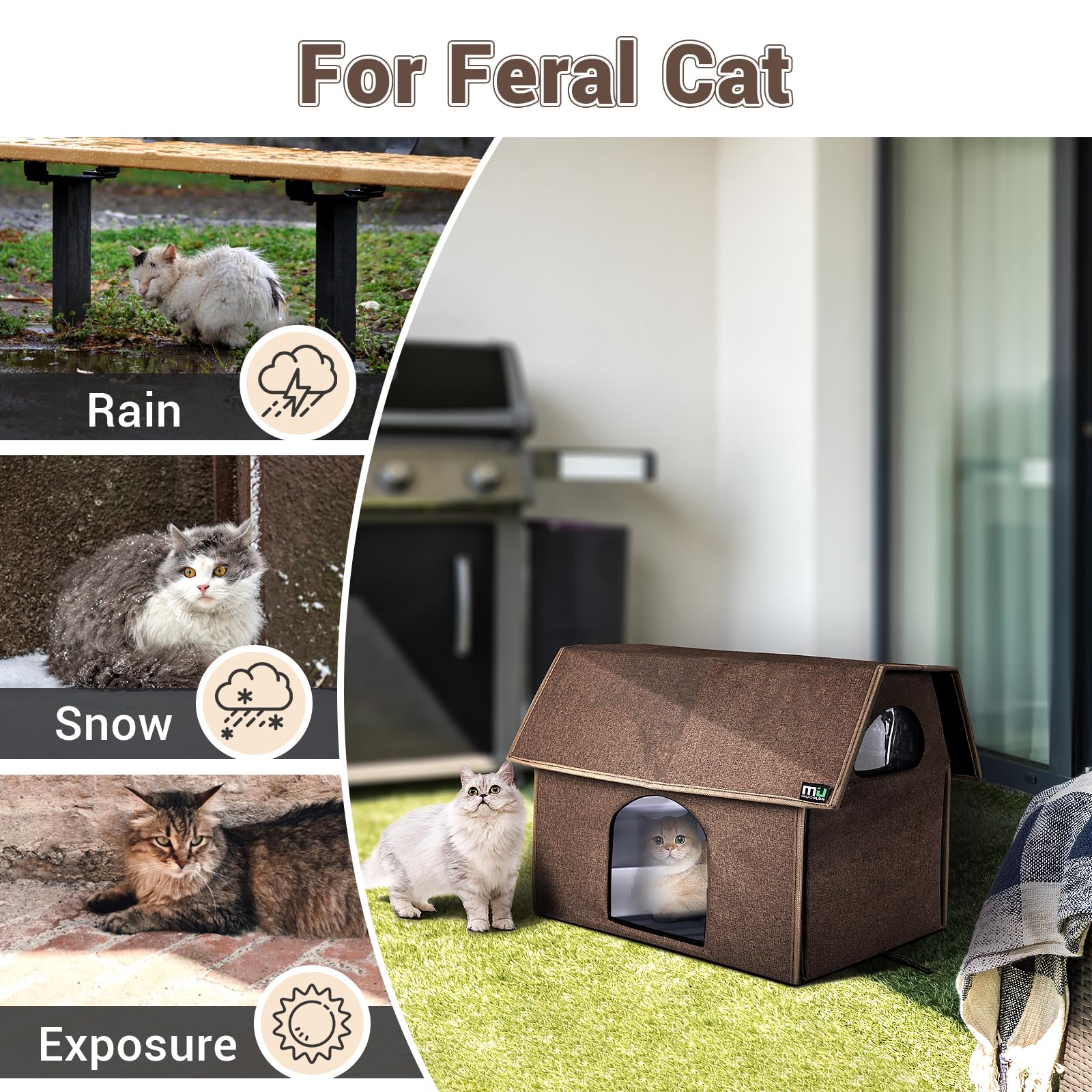 MIU Color Extra Large Outdoor Cat House - Weatherproof Insulated Shelter, 20.5"x17.5"x16.6", Brown, Model MC-HWMH04