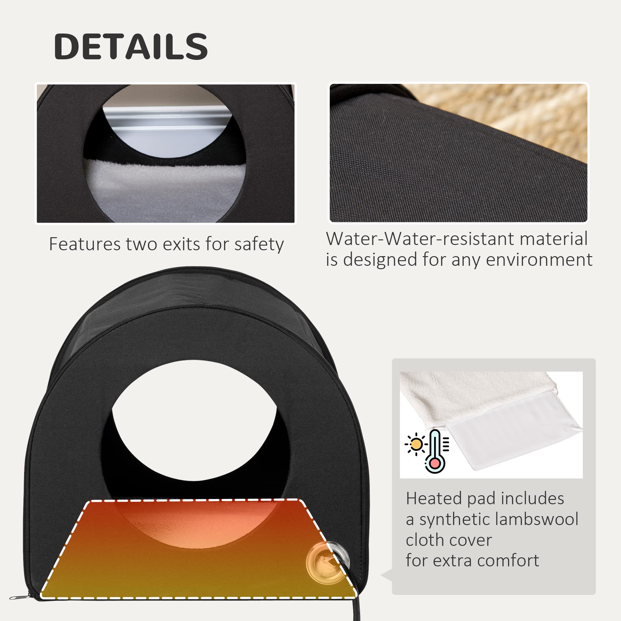 Pawhut Dome Heated Cat House Portable And Waterproof Pet Shelter For Kitty In Winter, Black