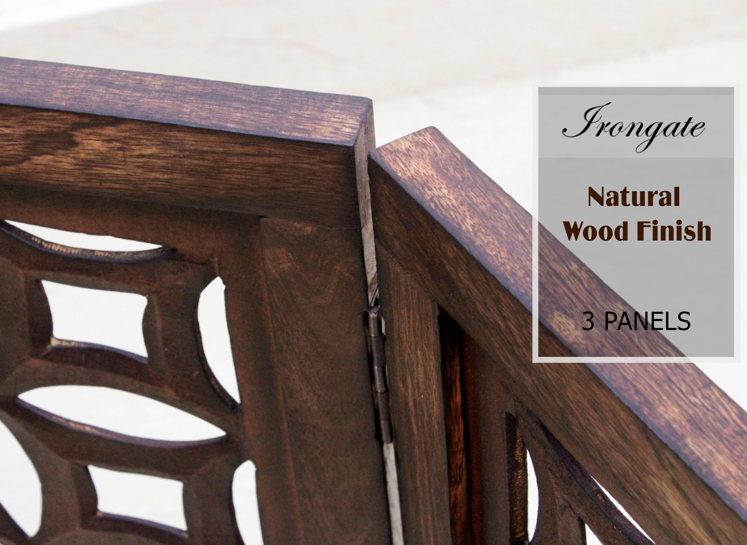 IRONGATE Wooden Foldable Pet Dog Safety Gate - 3 Panels, 20"W x 24"H, Antique Brown, Hand-Carved Solid Wood, Free Standing, Model 20153