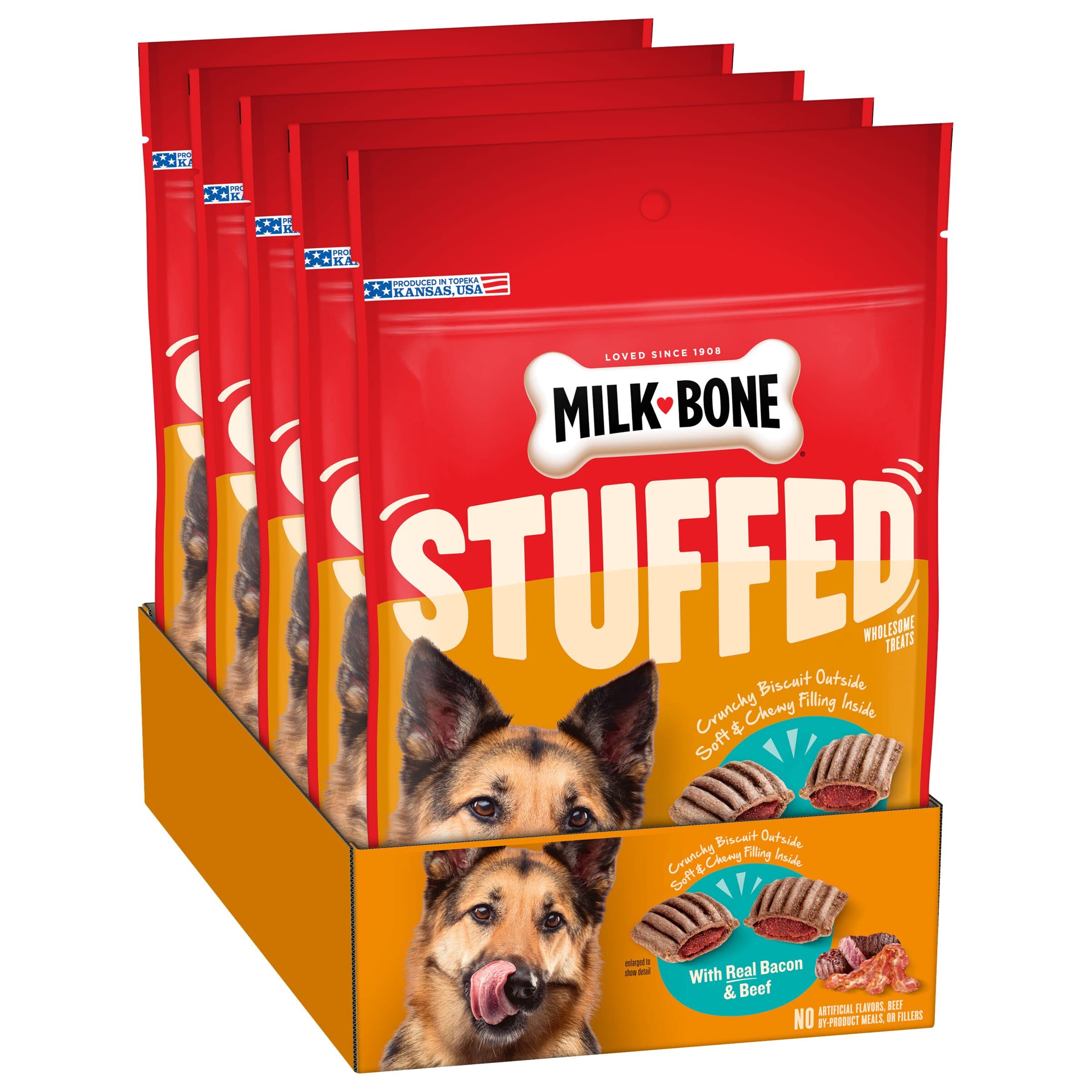 Milk-Bone Stuffed Dog Treats with Real Bacon & Beef, 10 Ounce (Pack of 5), Crunchy Biscuit with Soft & Chewy Filling