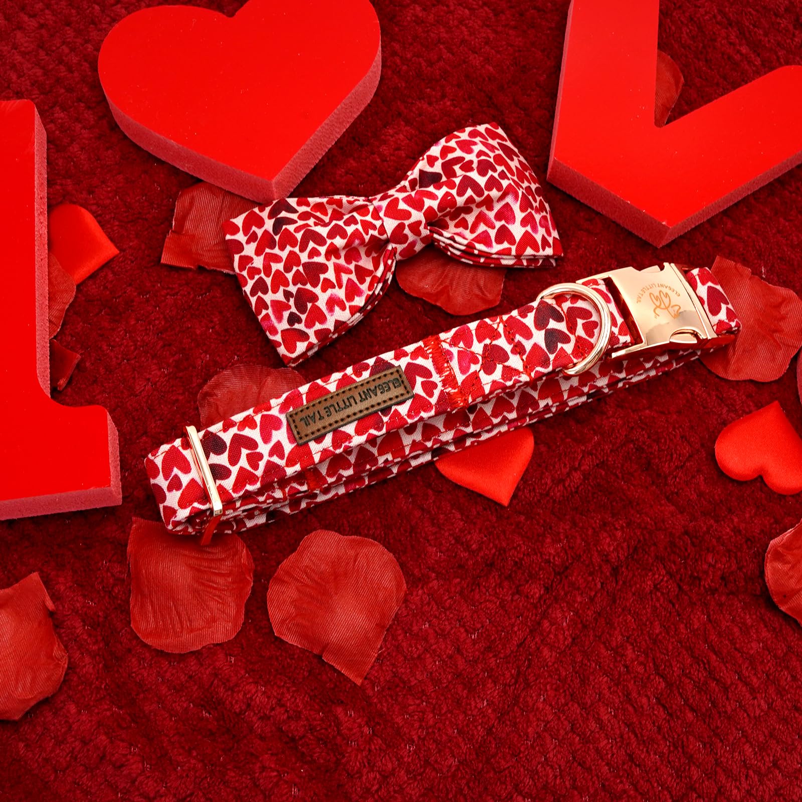 Elegant little tail Valentine's Dog Collar, Cute Red Heart Dog Collar with Bow for Medium Dogs, Female or Male Adjustable Cotton