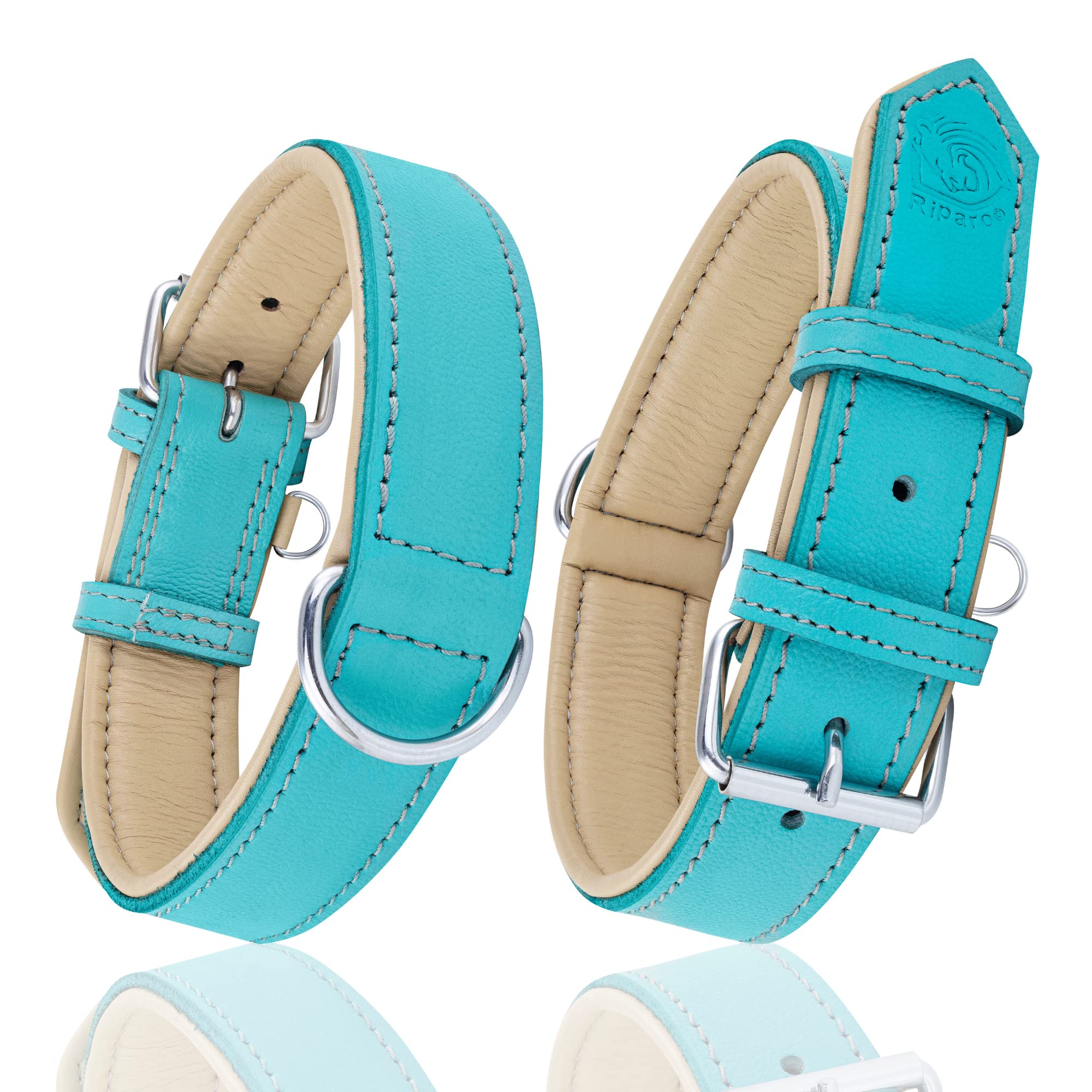 Riparo Medium Dog Collar, Genuine Leather Dog Collar, Dog Collars For Medium Dogs (M, Gray/White Thread)