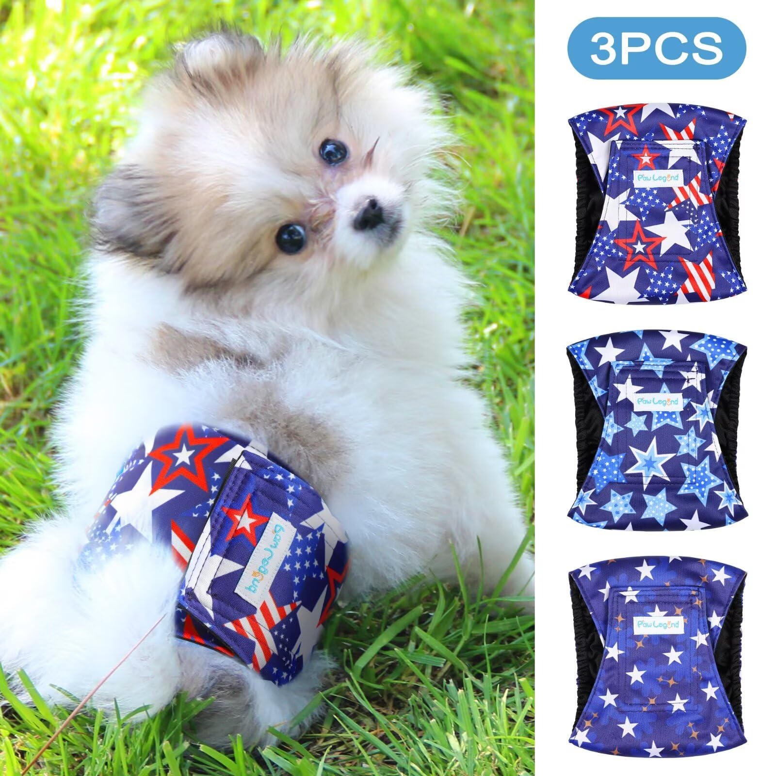 Paw Legend Washable Male Dog Diapers - Large, Star Pattern, Reusable, Waterproof, 3 Pack (Model: PL-GG-XX-L-1)