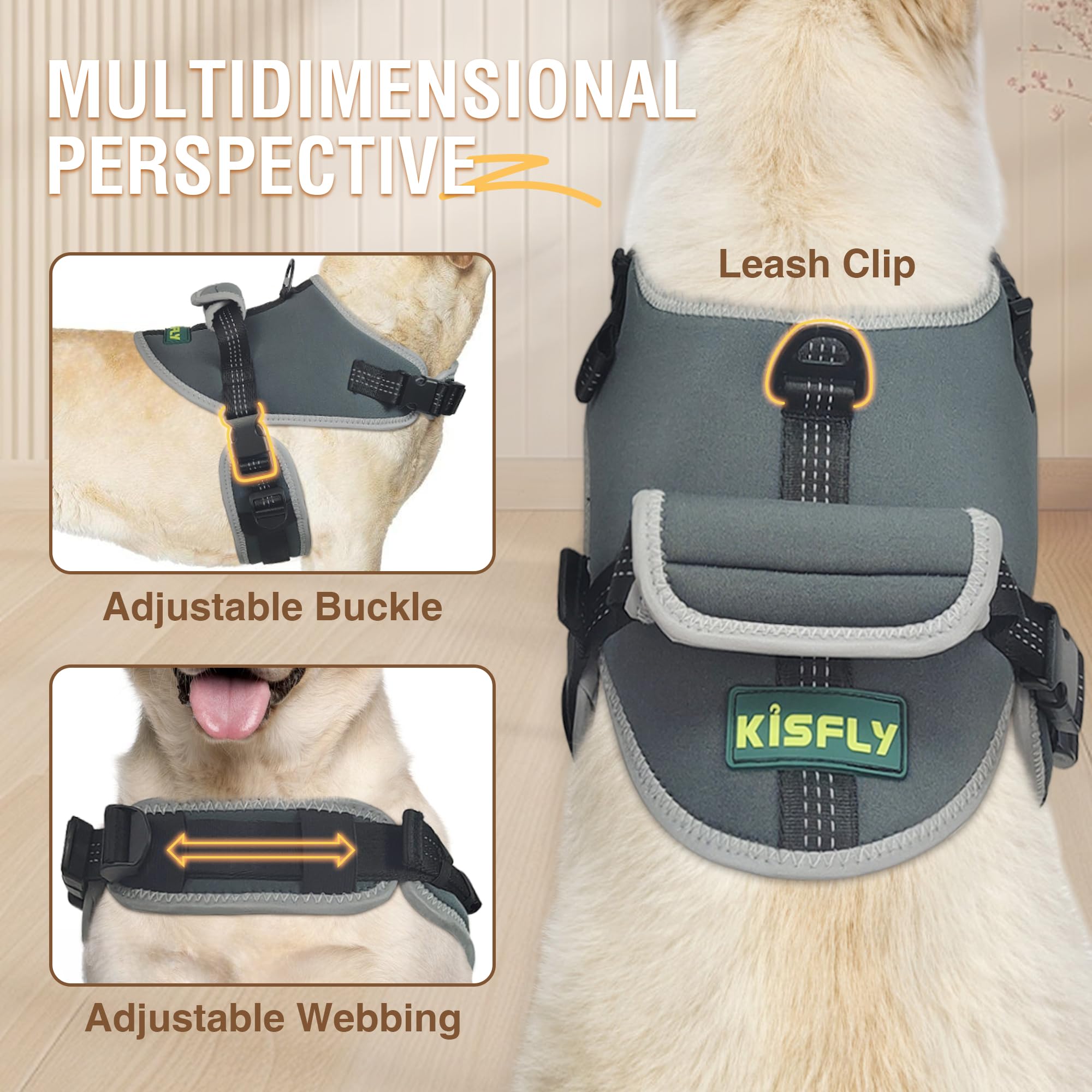 Kisfly No Pull Dog Harness With Reflective, No Choke Pet Vest, Adjustable Soft Padded, Walking And Training, Large With Handle,
