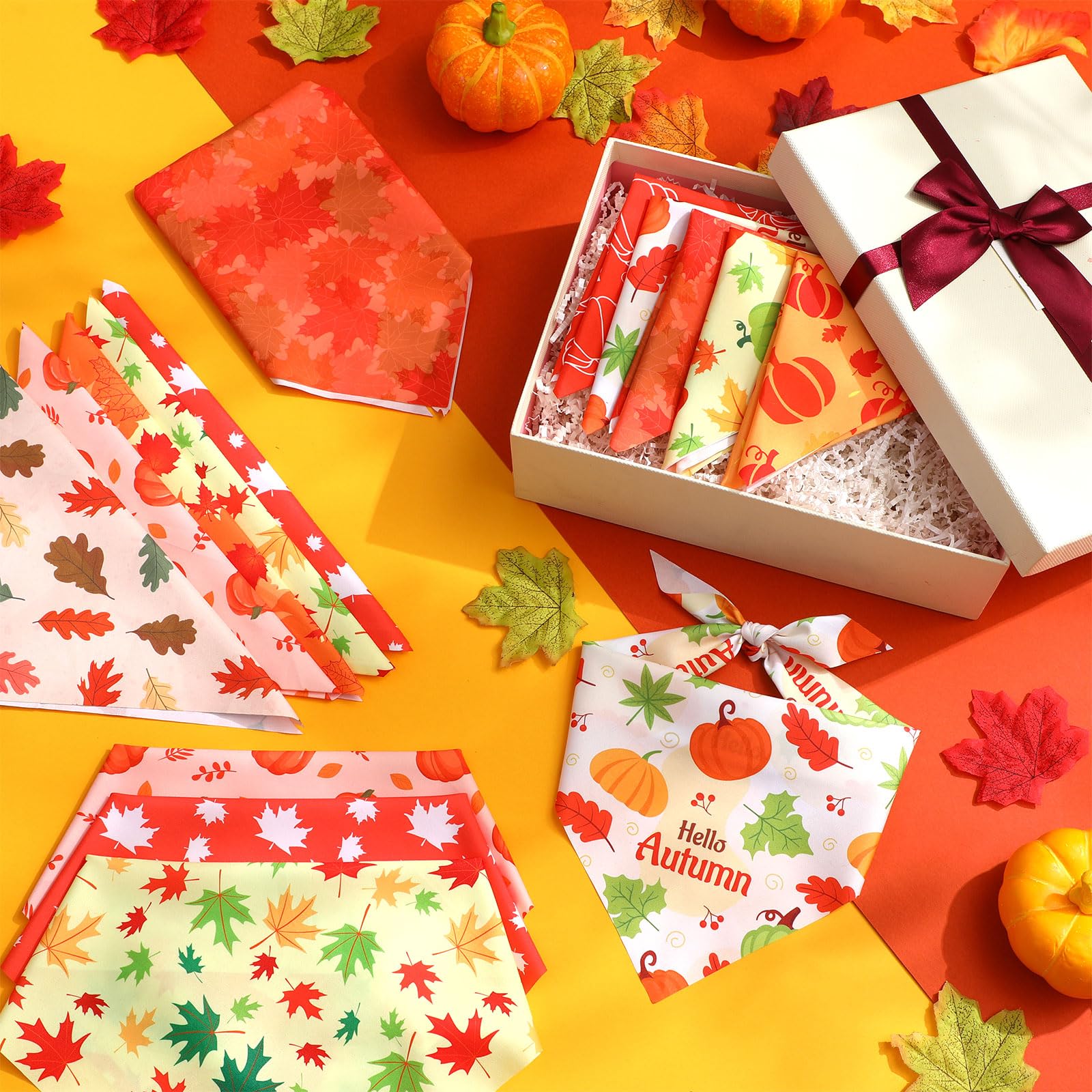 Weewooday 50 Pcs Fall Dog Bandanas Bulk Pumpkin Maple Leaves Thanksgiving Autumn Bandanas for Bibs Adjustable Scarf for Small Me