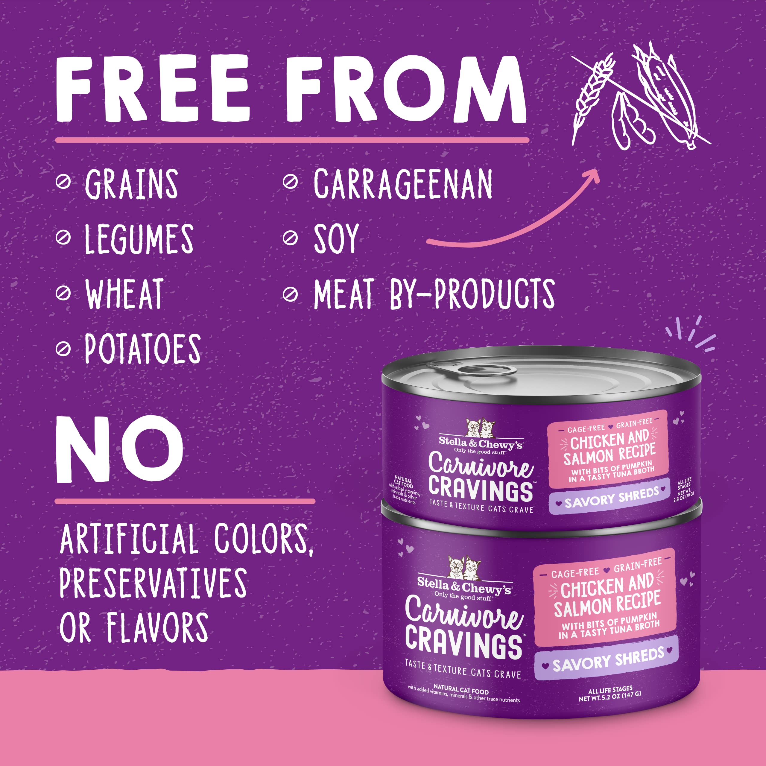 Stella & Chewys Carnivore Cravings Savory Shreds Cans - Grain Free, Protein Rich Wet Cat Food - Cage-Free Chicken & Wild-Caught