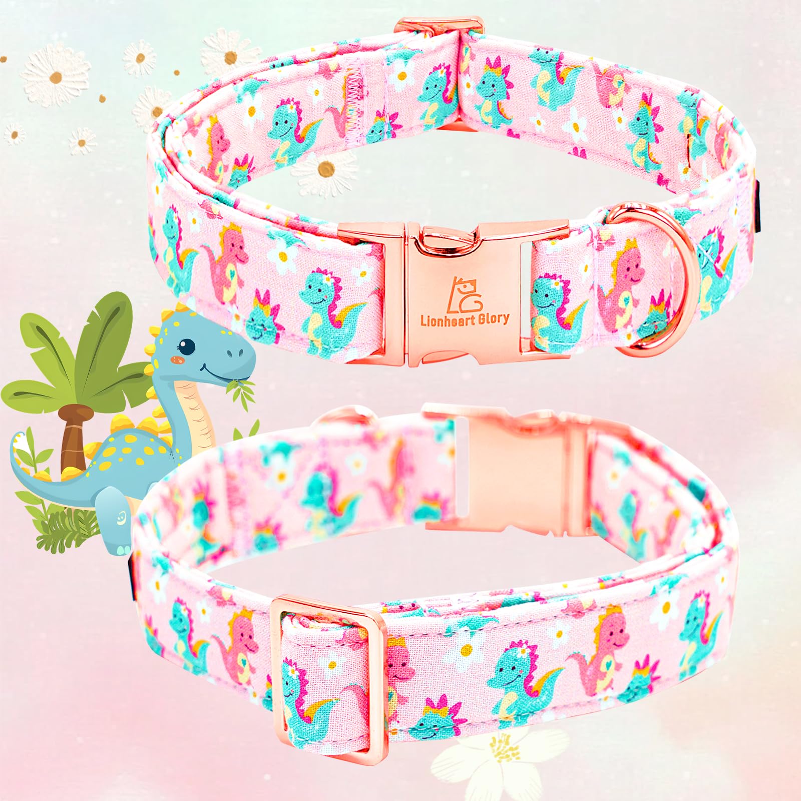 Lionheart Glory Dog Collar With Flower Dinosaurs Print Collars For Medium Dogs, Spring Summer Cute Duty Adjustable Dog Flowers C