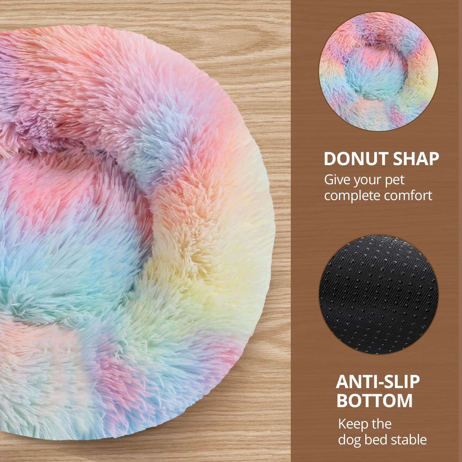 Jollyvogue Medium Calming Dog Bed, Anti-Anxiety Donut Cuddler Cat Bed With Anti-Slip Bottom, Fluffy Faux Fur Machine Washable Pe
