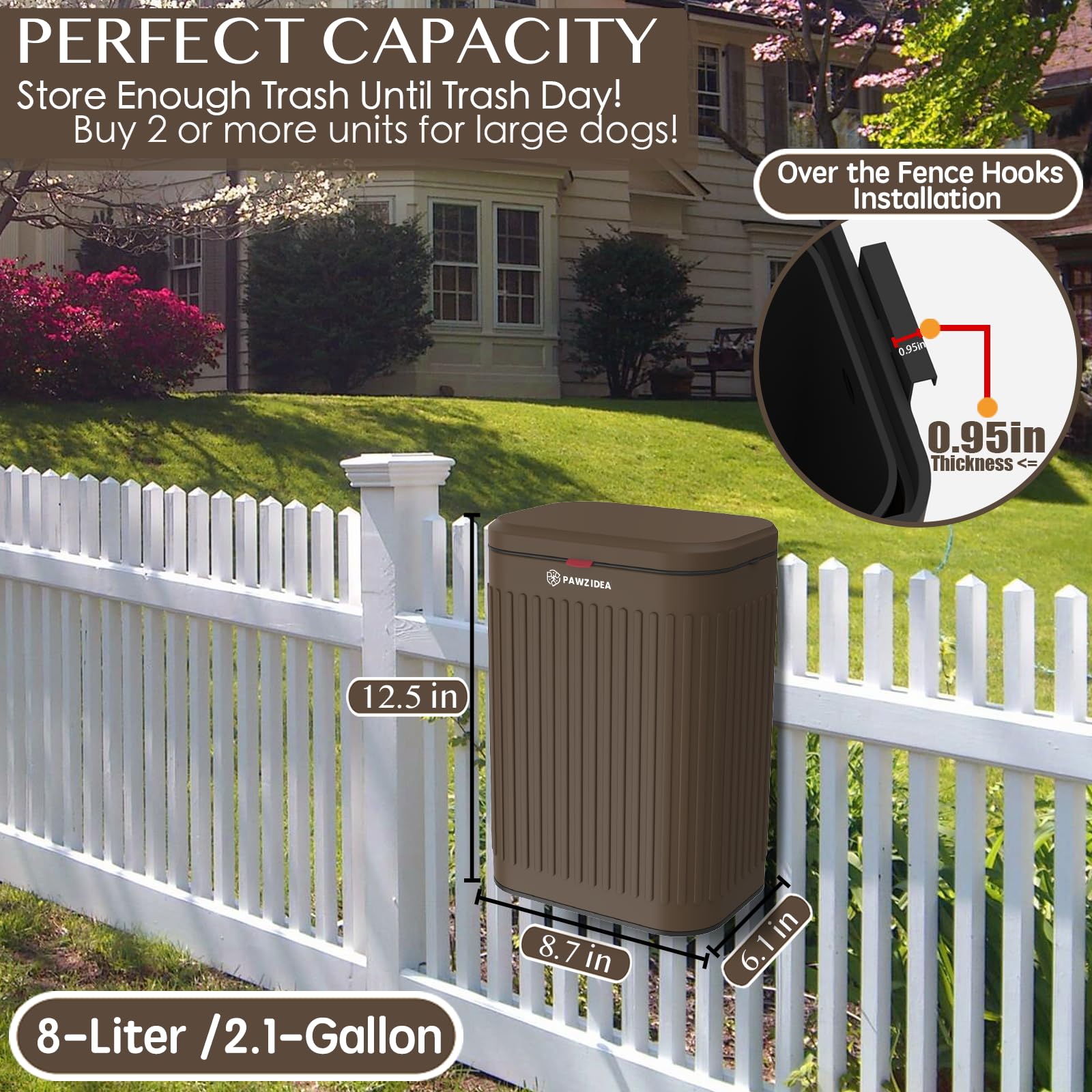 PAWZIDEA Wall Mount Dog Poop Trash Can Outside, 2.1 Gallon Small Dog Waste Bin with Lid, Activated Carbon Odor Control, Waterpro