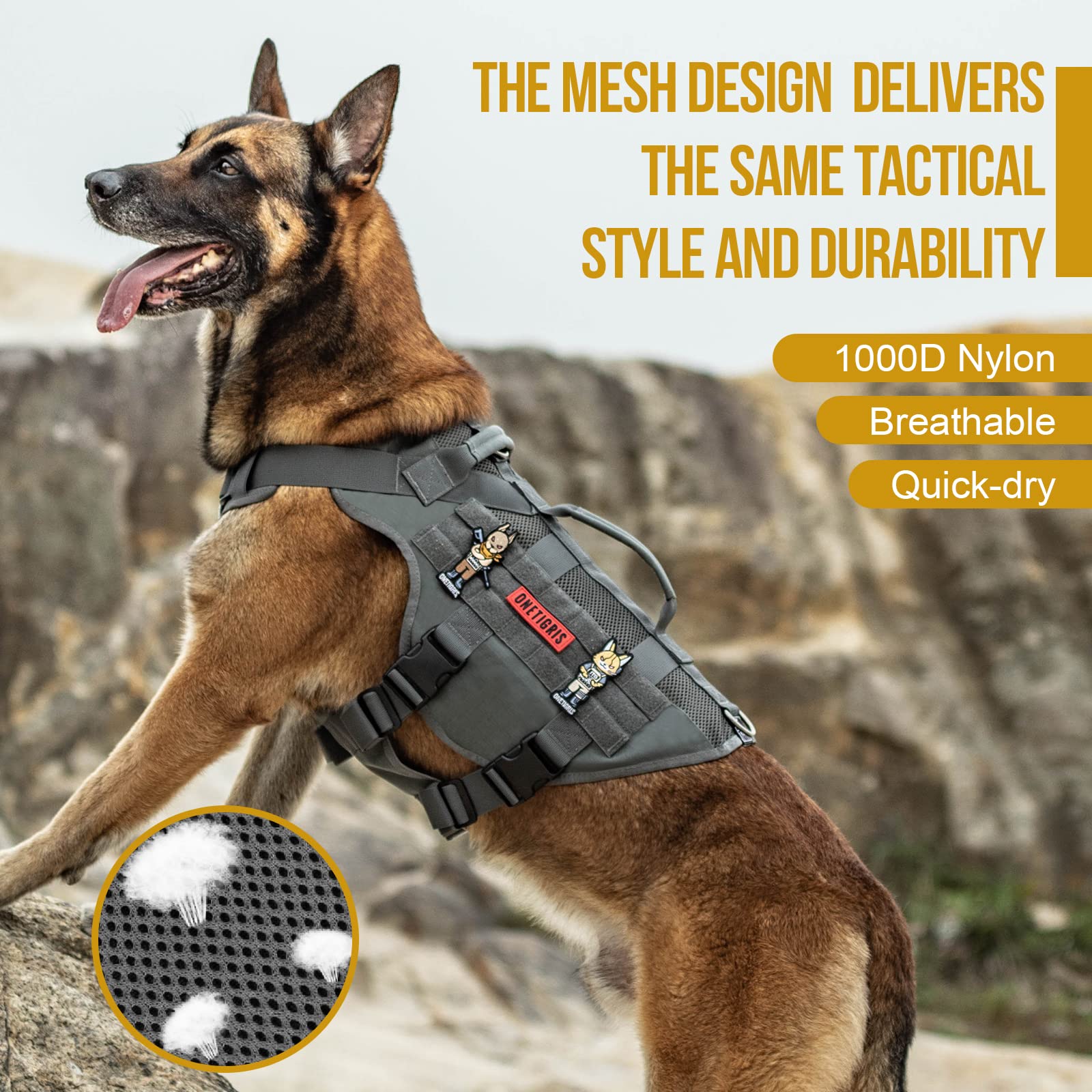 ONETIGRIS Tactical Dog Harness for Medium Dogs, No Pull, Breathable Grey Military Vest, Aire Mesh with Handles for Hiking & Training