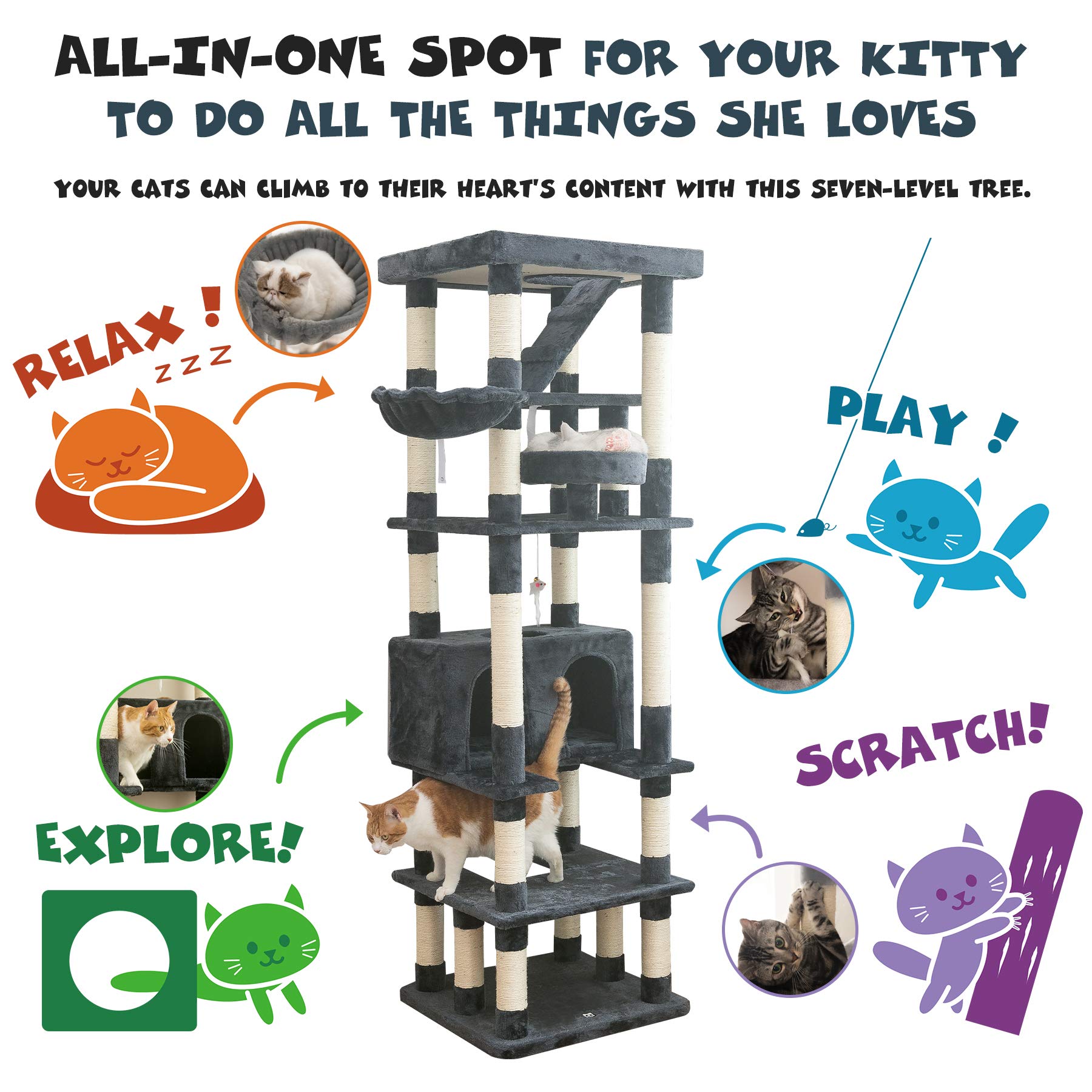 Mwpo 74.8 Inches Large Cat Tree With Sisal-Covered Scratching Posts & Condo, Tall Cat Tower Entertainment Playground Furniture For Cats & Kittens - Multiple Colors-Smoky Gray