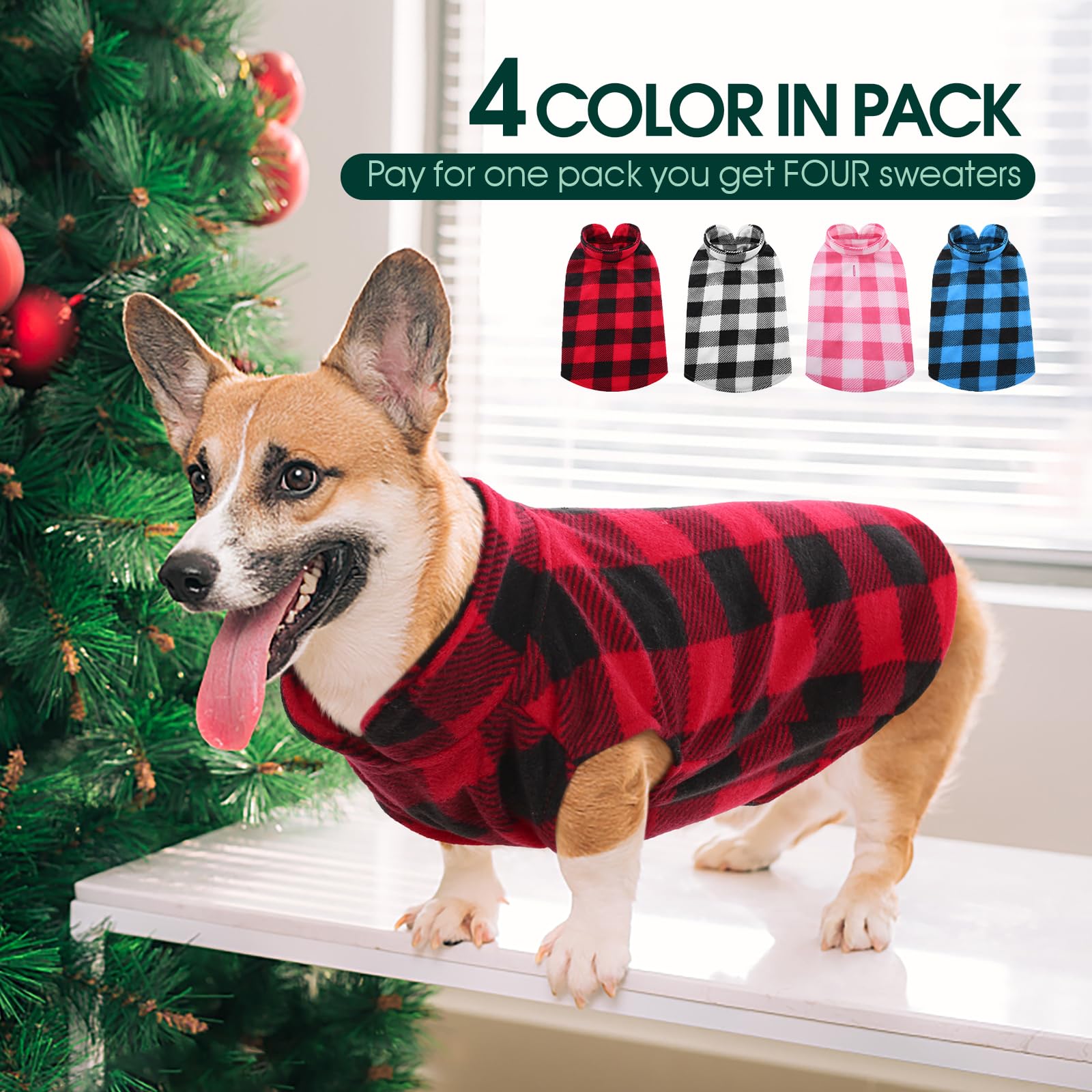 Kuoser 4 Pack Stretch Fleece Vest, Soft Classic Plaid Basic Sweater For Small Dogs & Cats, Warm Dog Shirt Pullover Coat Winter J
