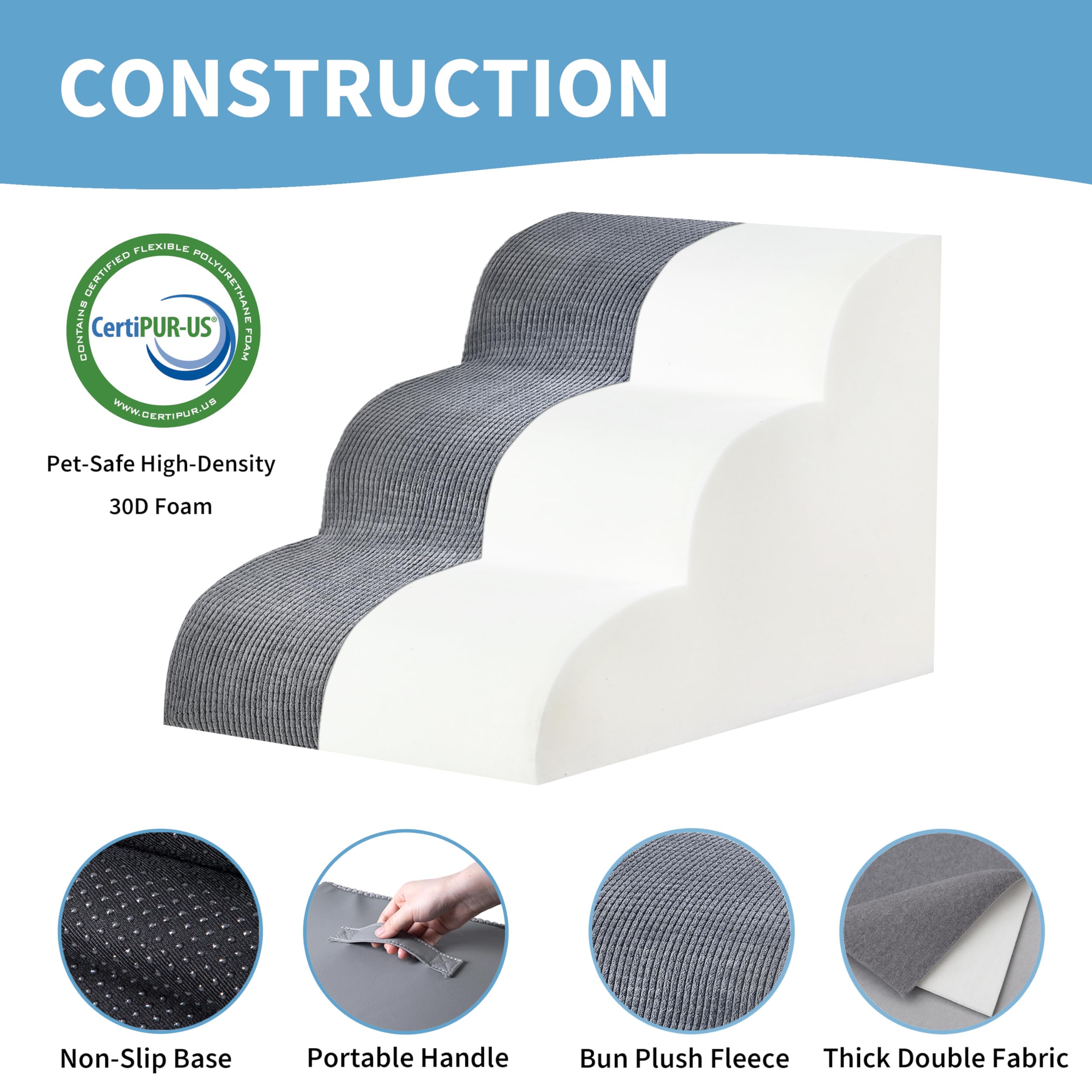 Dog Stairs for Small Dogs 15.7    H, Pet Stairs with High-Density Foam, 3-Step Dog Steps for Bed, Couch or Sofa, Curved Ramp Des