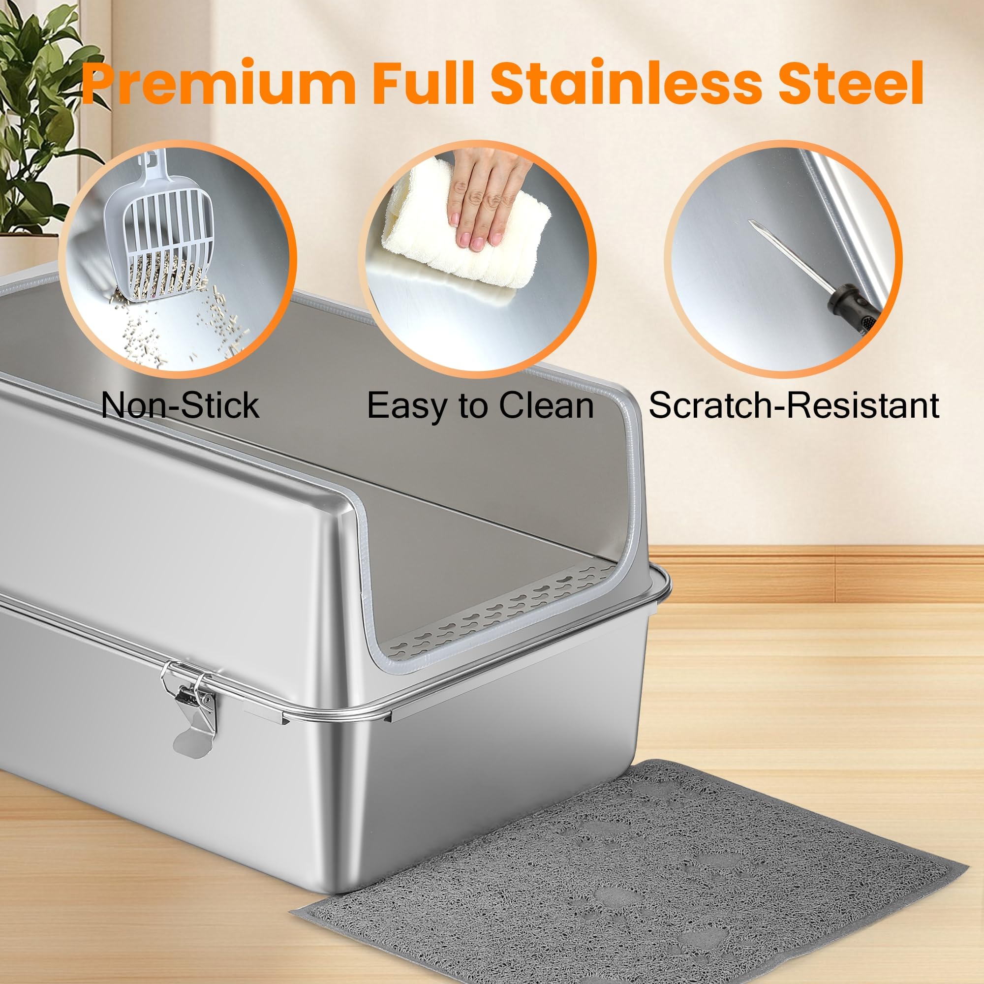 Aothey Stainless Steel Litter Box - XL Enclosed Metal Design, Rust-Resistant, Easy to Clean, Silver