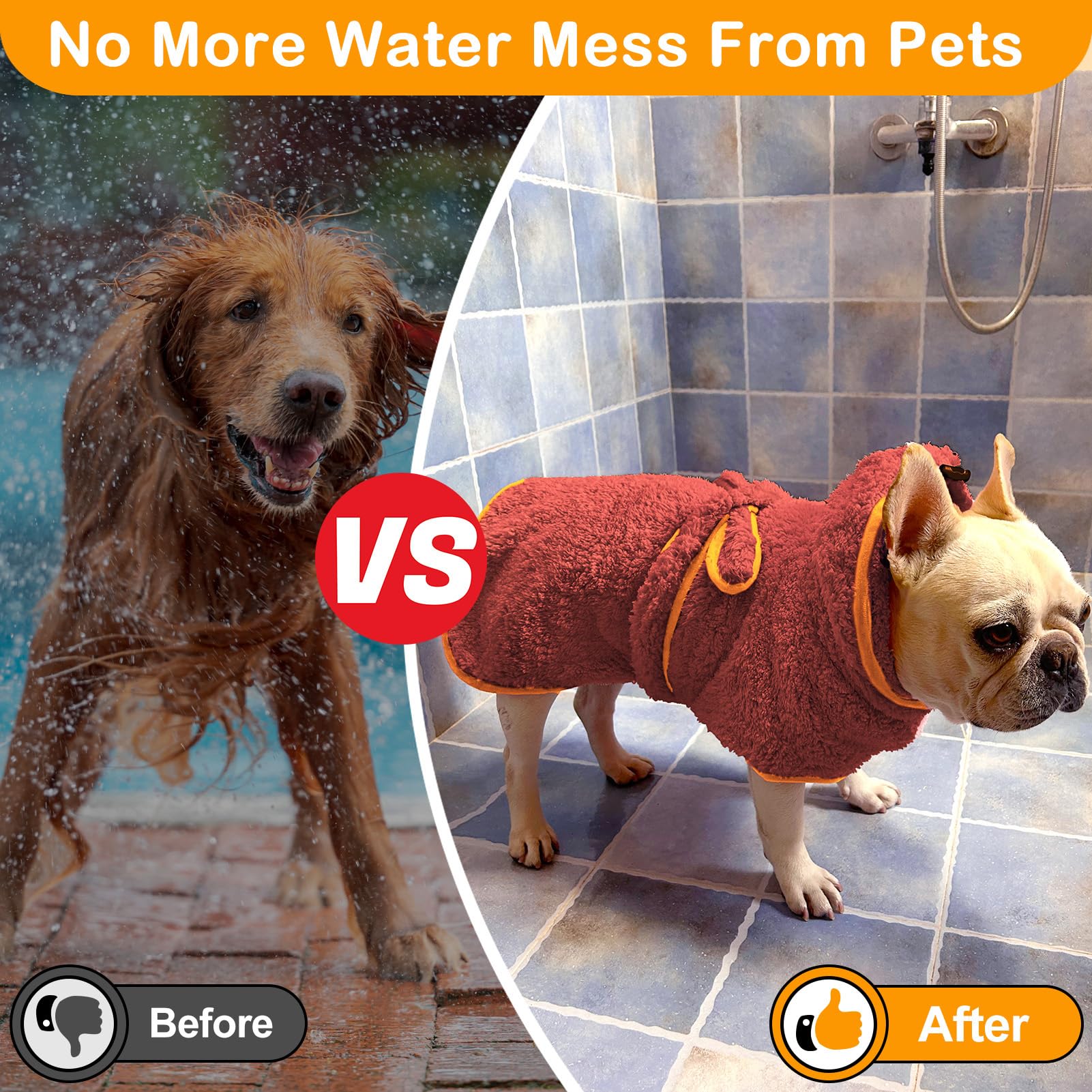 Bienbee Soft Dog Bathrobe,Super Absorbent & Quick-Drying Dog Robe With Hood, Cozy Drying Coat For After Bath, Red L