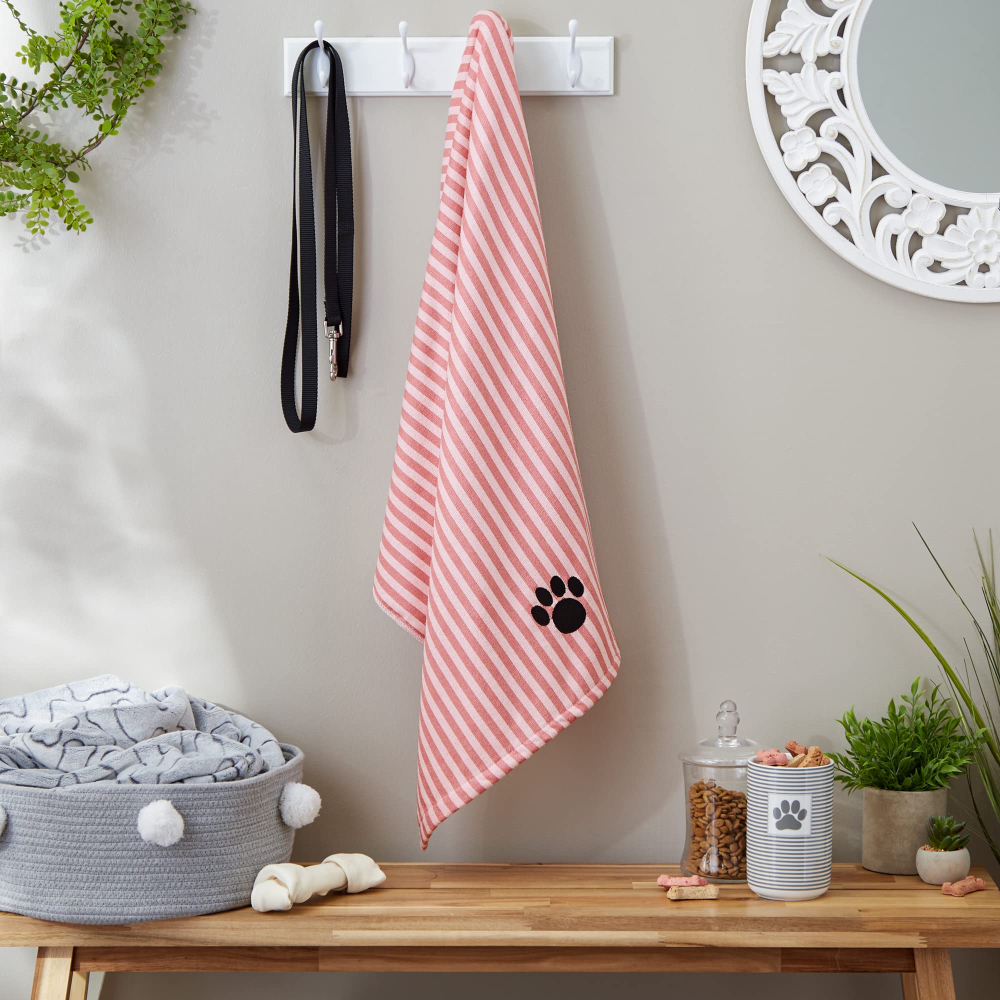 Bone Dry Pet Grooming Towel Collection Absorbent Microfiber X-Large, 41X23.5', Striped Rose