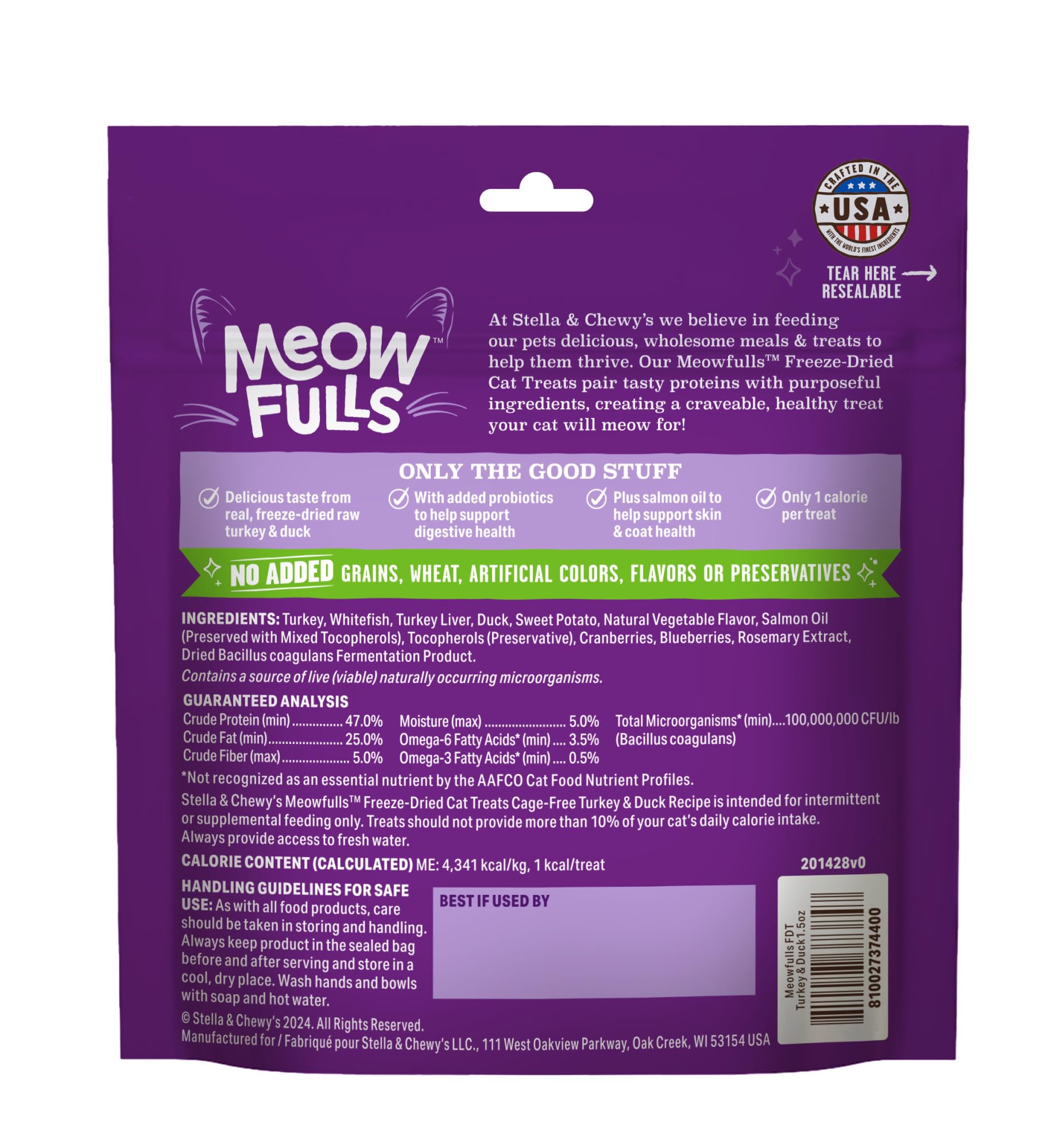 Stella & Chewys Meowfulls Freeze Dried Cat Treats - Turkey & Duck Recipe - Raw Protein with Probiotics & Salmon Oil - 1 Calorie