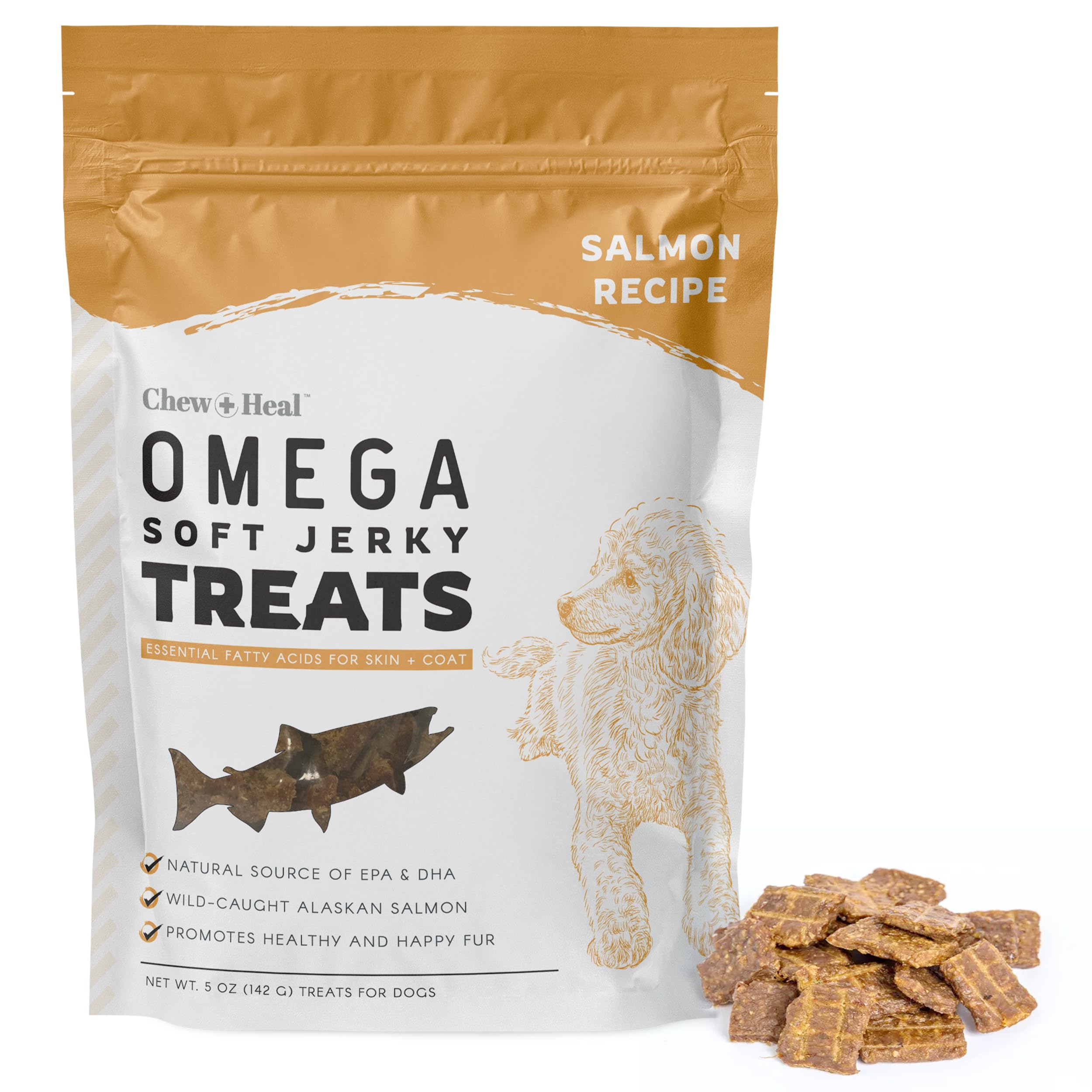 Chew + Heal Labs Omega Salmon Jerky Dog Treats - 5 oz of Soft Wild Caught Alaskan Salmon Jerky for Skin and Coat with Flaxseed, 
