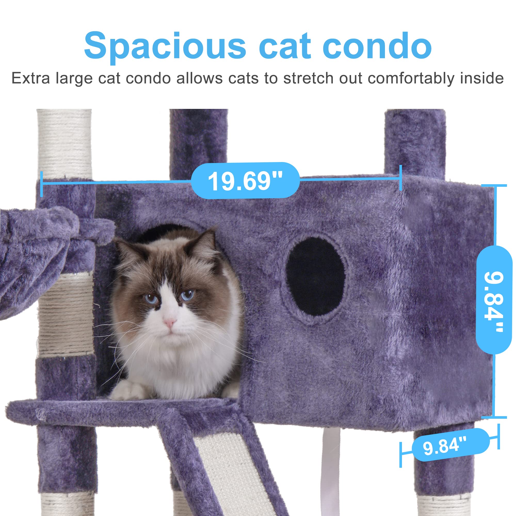 Hey-Brother Cat Tree, 61 Inch Cat Tower For Indoor Cats, Cat House With Padded Platform Bed, Toy Balls, Large Cozy Condo, Hammocks And Sisal Scratching Posts, Smoky Gray Mpj019G