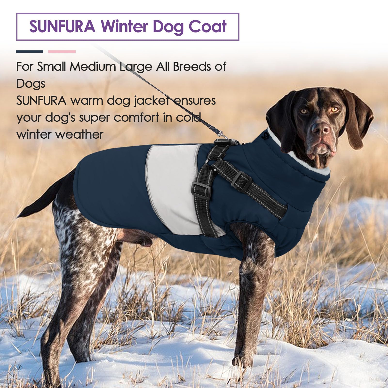 Sunfura Dog Jacket, Large Dog Coat With Harness Built In, Warm Pet Winter Jacket Zippered Snow Coat With Furry Collar, Waterproo