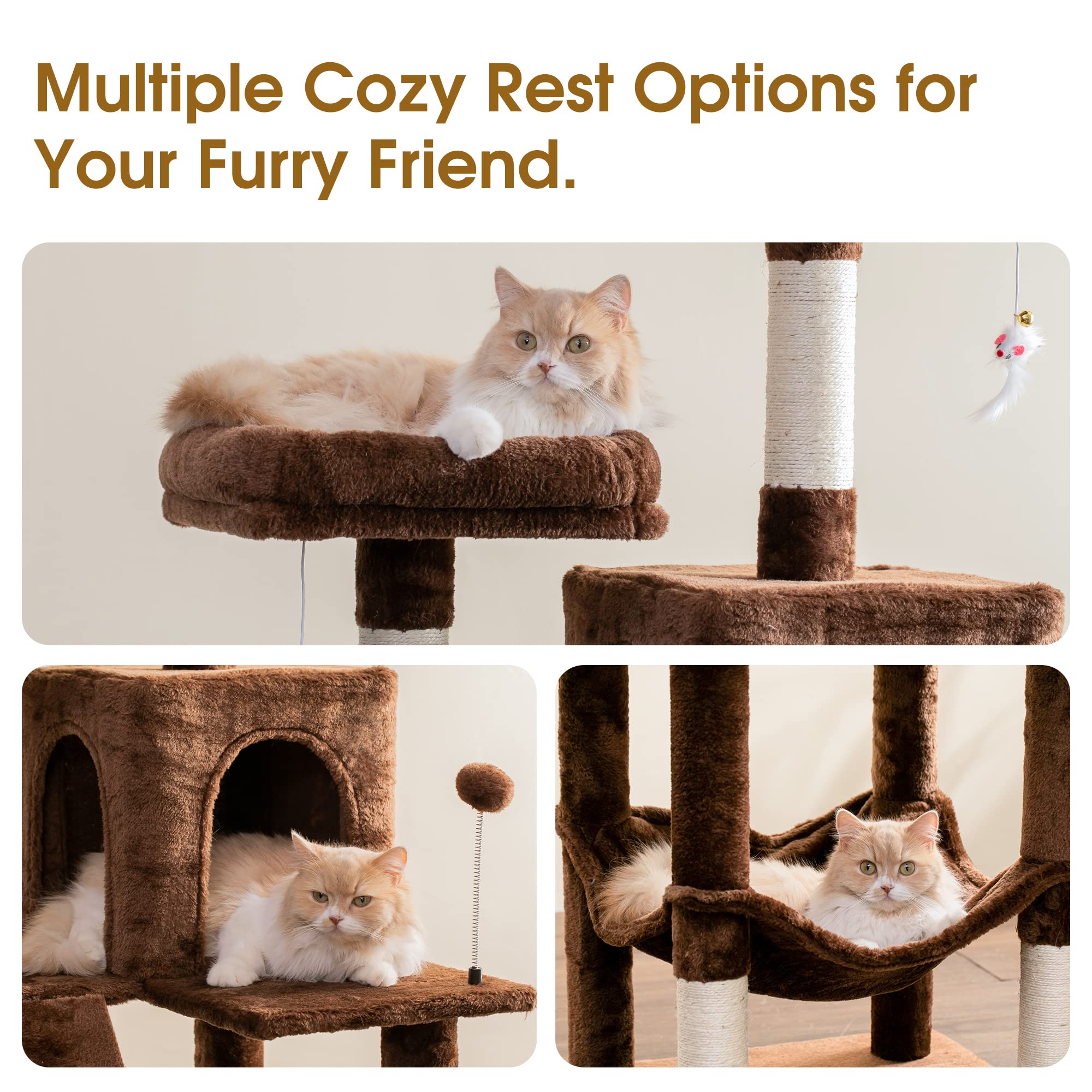 MWPO Cat Tree 70.1-Inch Multi-Level Tower, Plush Condo with Scratching Posts, Brown, Model US-130MAX-E