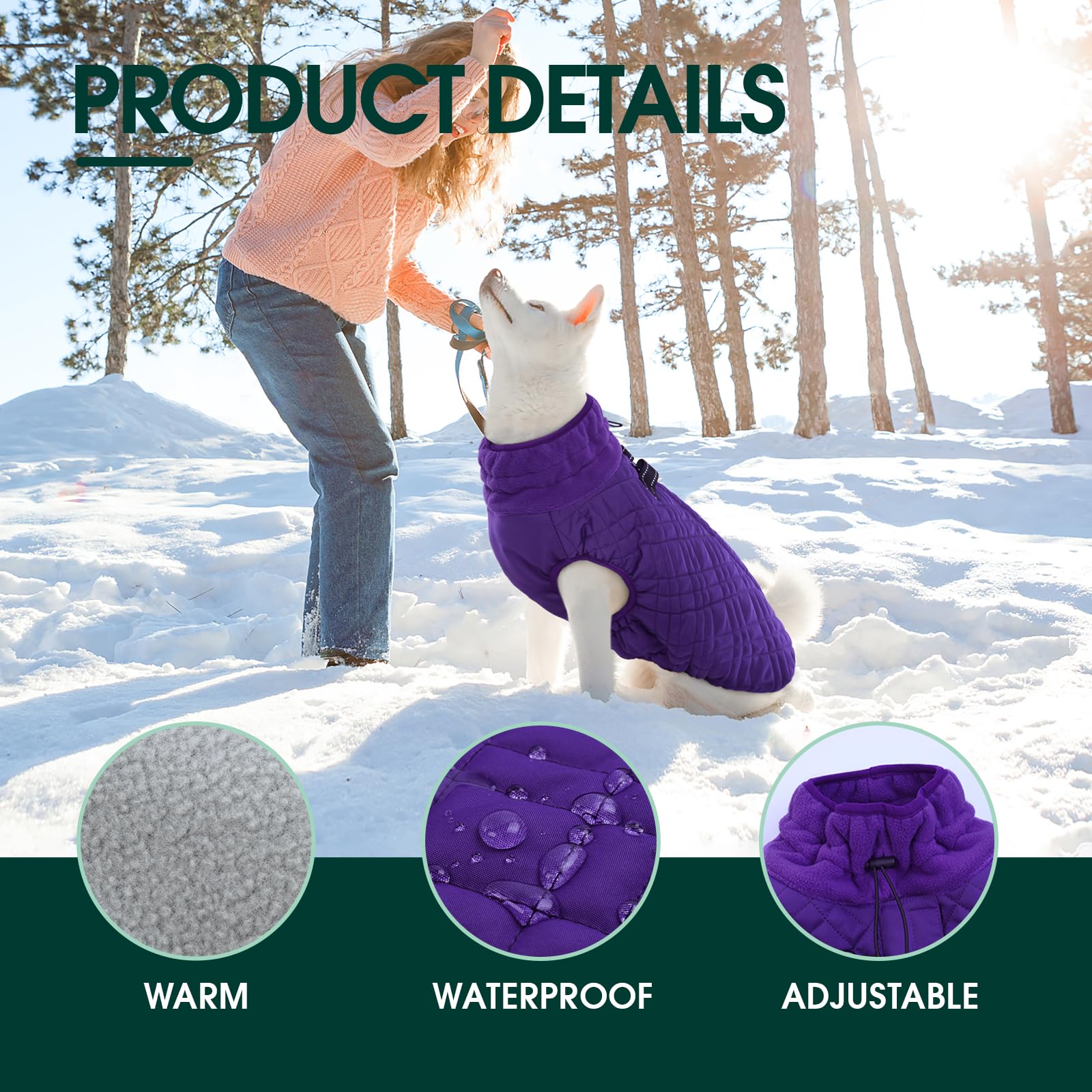 Kuoser Winter Dog Coat - Medium Dog Cold Weather Jacket, Purple