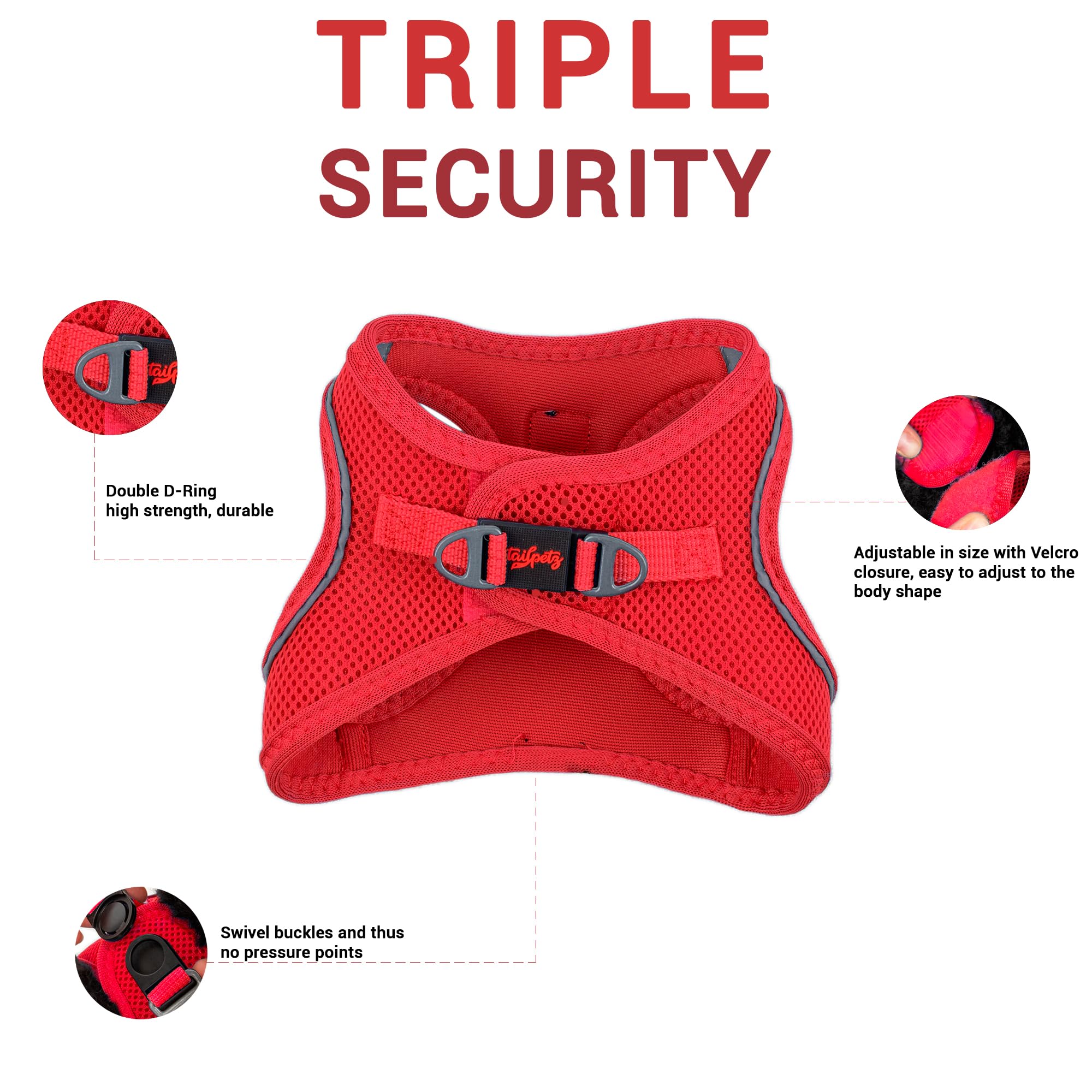Tailpetz XSmall Dog Harness Red, Adjustable Step in No Pull Harness for Small Dogs, Reflective Puppy Harness for Puppy Training,