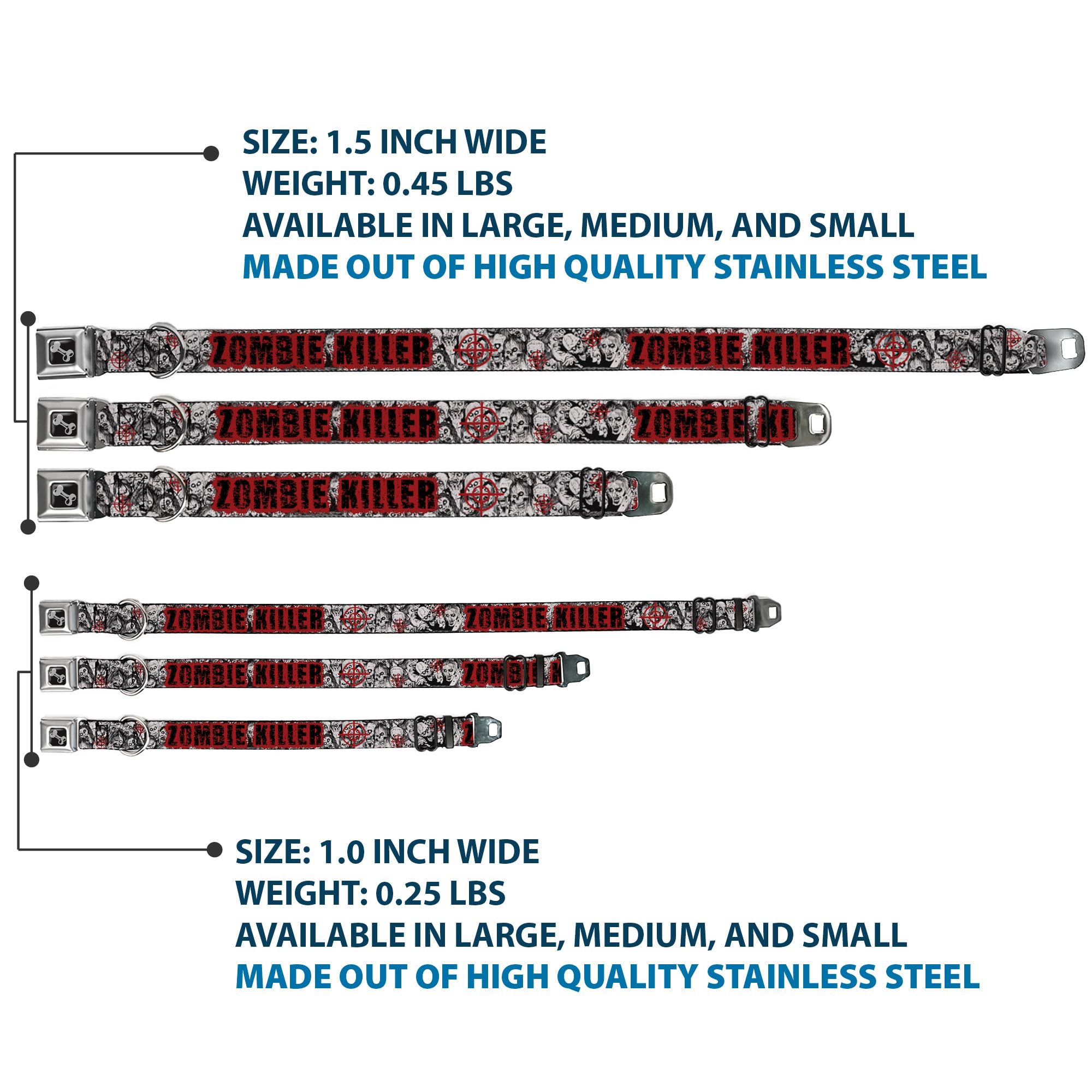 Buckle-Down Seatbelt Buckle Dog Collar - Zombie Killer W/Stacked Zombies Sketch - 1'' Wide - Fits 9-15'' Neck - Small