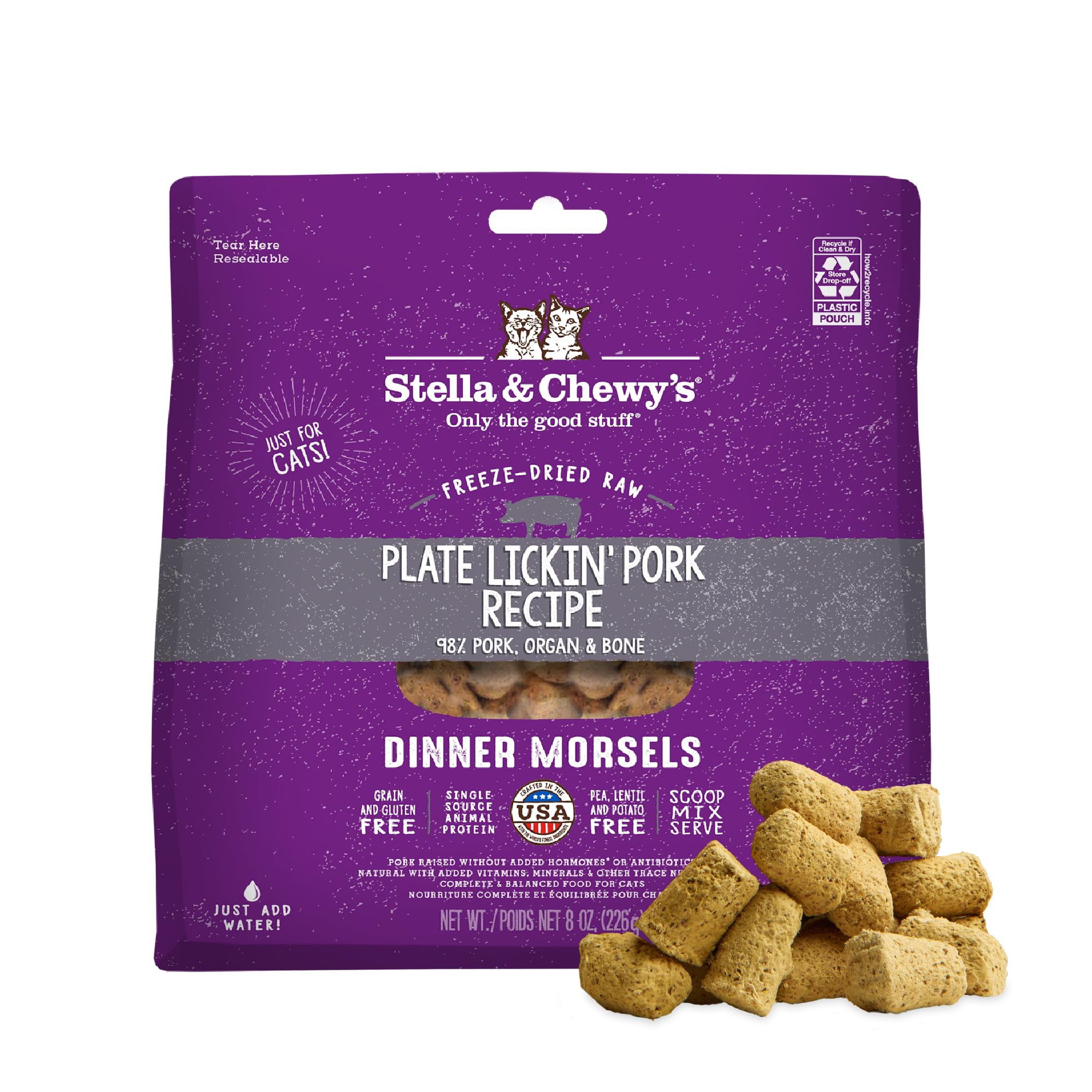 Stella & Chewys Freeze-Dried Raw Cat Dinner Morsels - Premium Pork Recipe with 98% Responsibly-Sourced Meat & Organs - Natural 