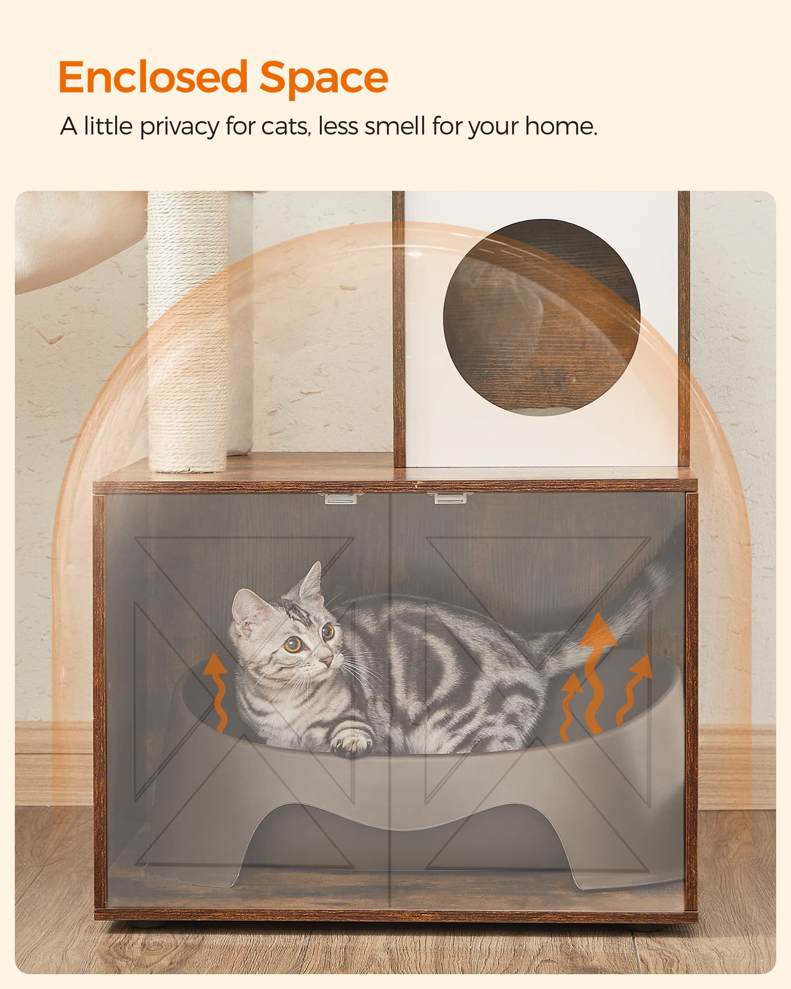 FEANDREA Cat Tree with Litter Box Enclosure, 22.6"x19.7"x55.1", Rustic Brown, 2-in-1 Design, Plush Material, Scratching Posts