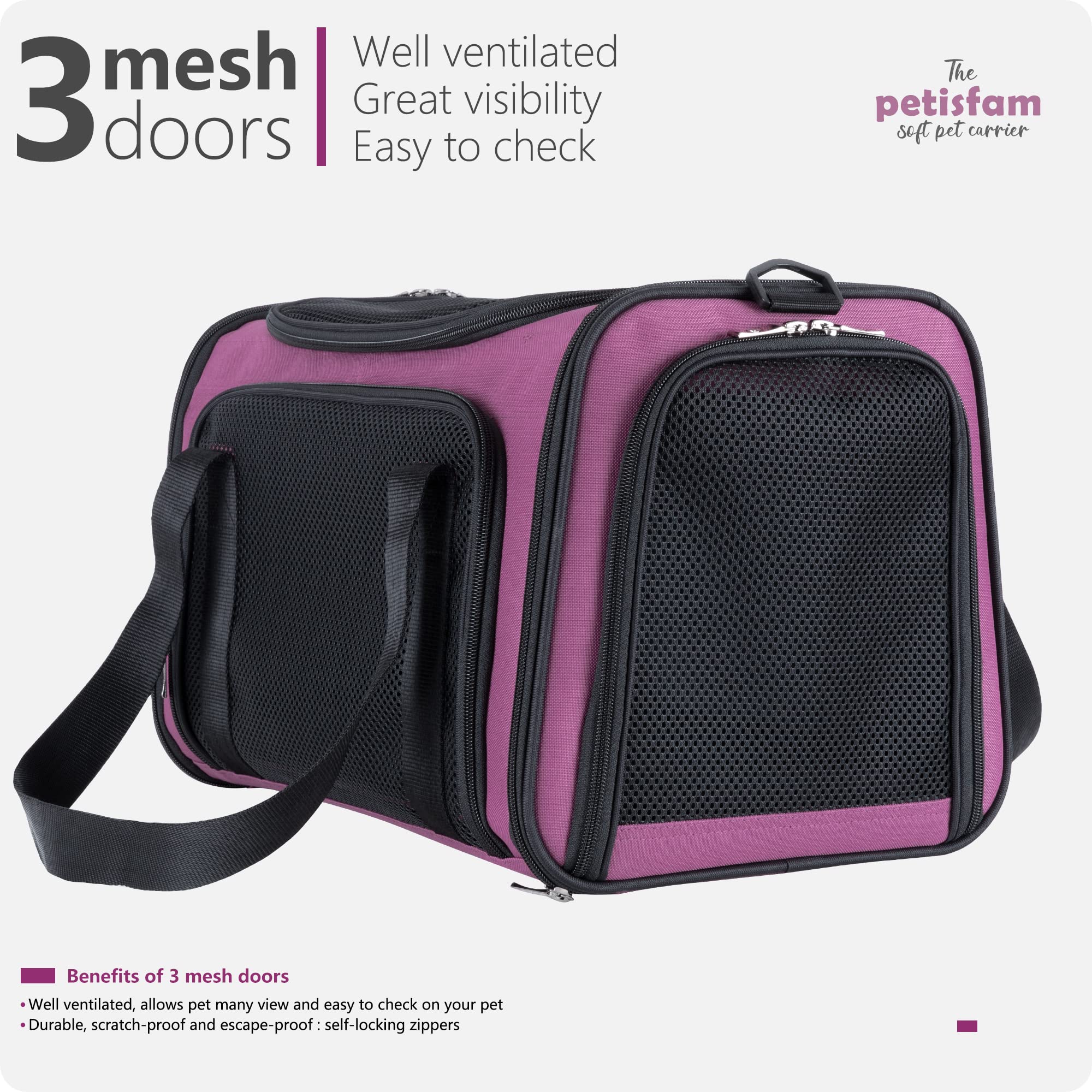 petisfam Easy Load Pet Carrier for Medium Cats & Small Dogs, Nylon, 17"x11"x11", Viva Magenta, Model PC10M