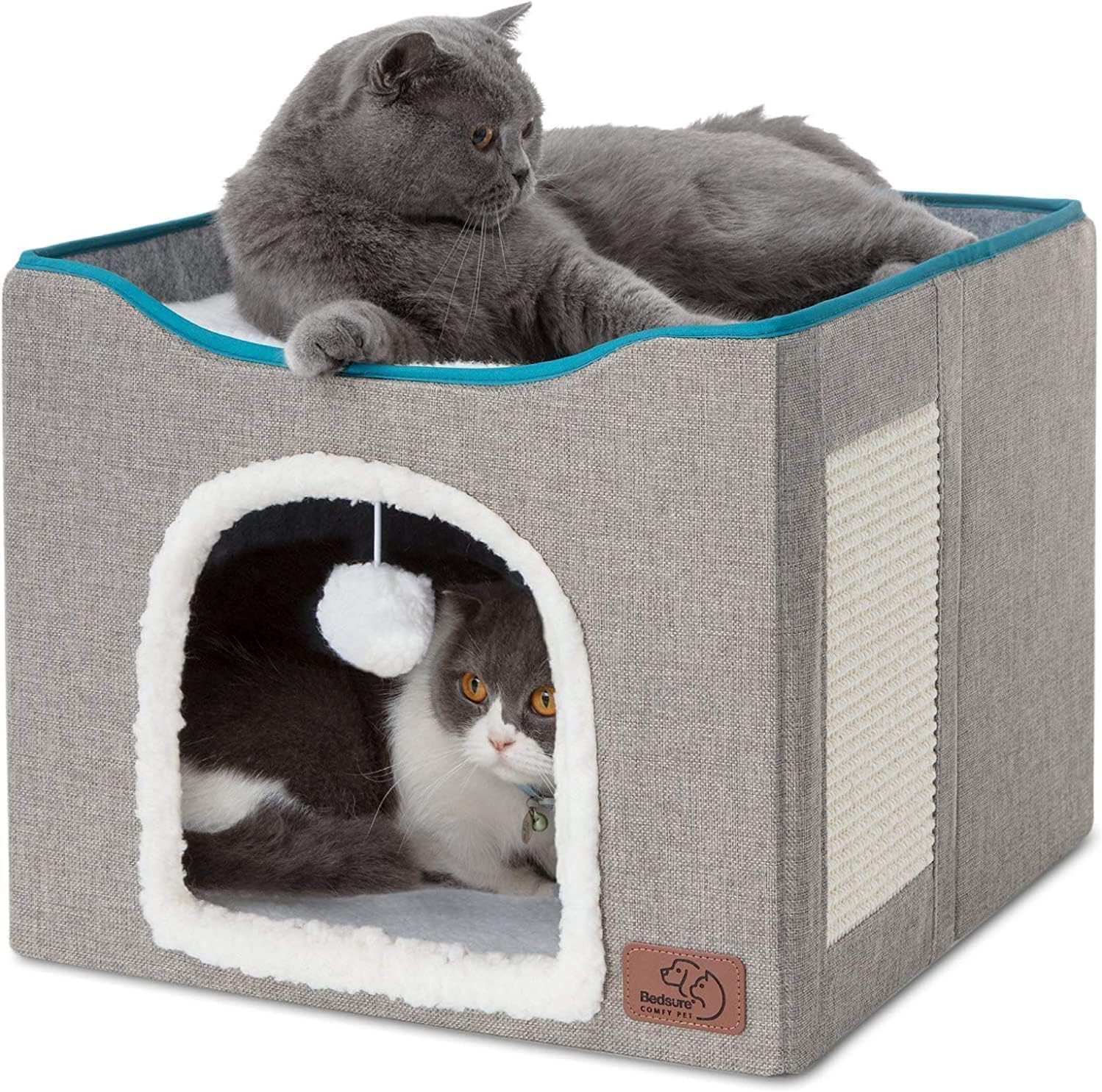 Bedsure Cat Beds For Indoor Cats - Large Cat Cave For Pet Cat House With Fluffy Ball Hanging And Scratch Pad, Foldable Cat Hidea