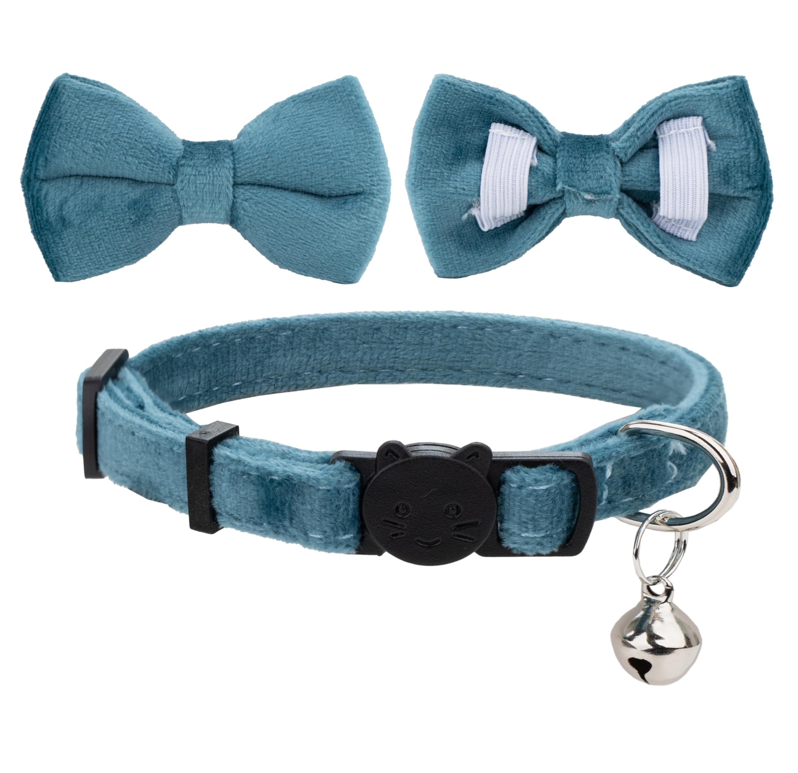 Gyapet Cat Collar Breakaway With Bell Boy Girl Kitten Bow Tie Safety Plaid Solid Color Set Cute Soft Summer B-[2Pcs] Blue