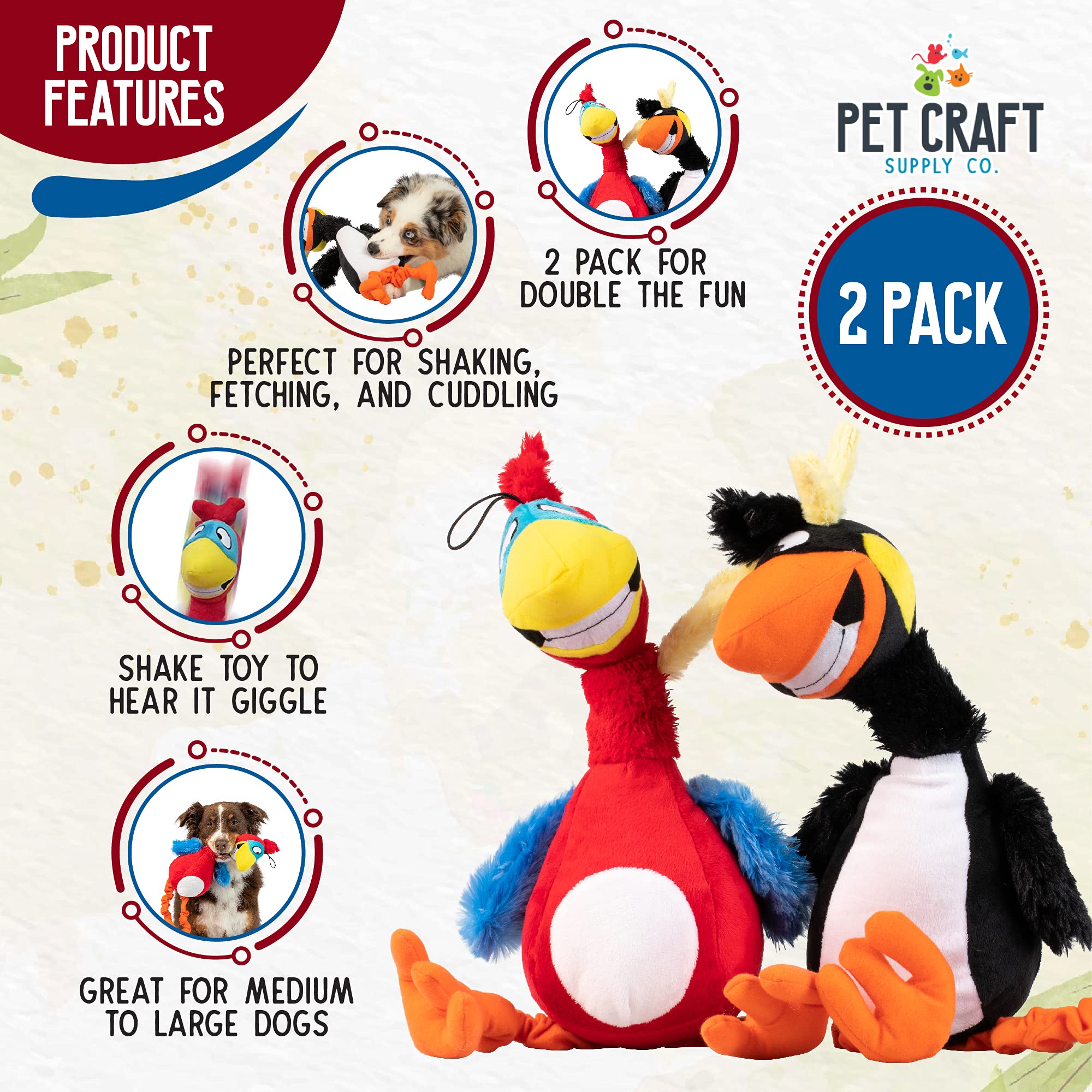 Pet Craft Supply Giggling Puffin & Parrot Multi Pack Interactive Dog Toys With Sound For Large Breed And Small Dogs Soft Chew Pl