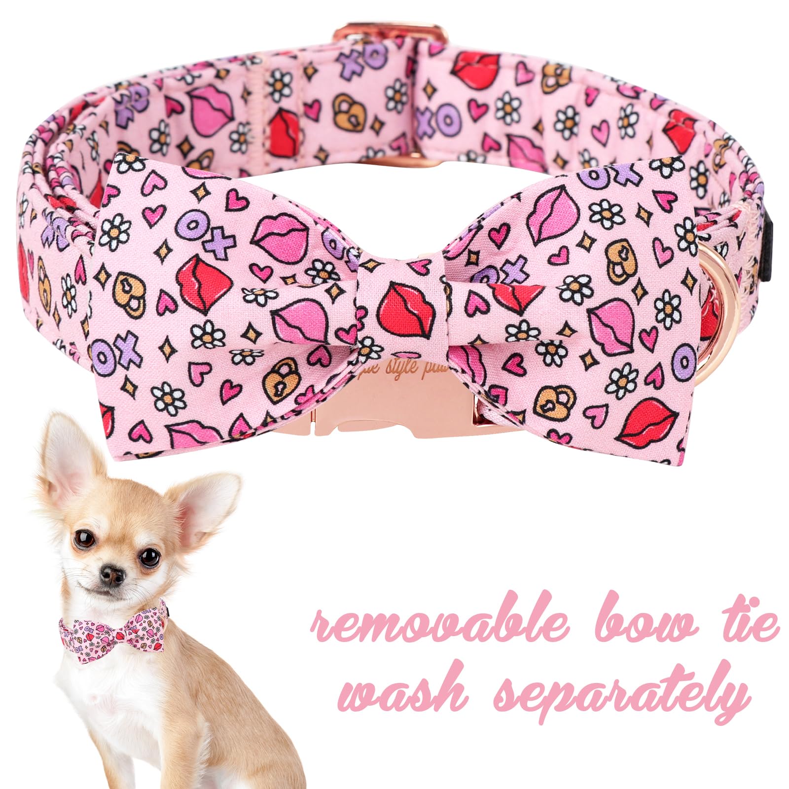 Unique Style Paws Valentine'S Day Dog Collar With Bow Tie Xo Red Lips Puppy Collar Best Gift For Small Medium Large Boys Girls-L