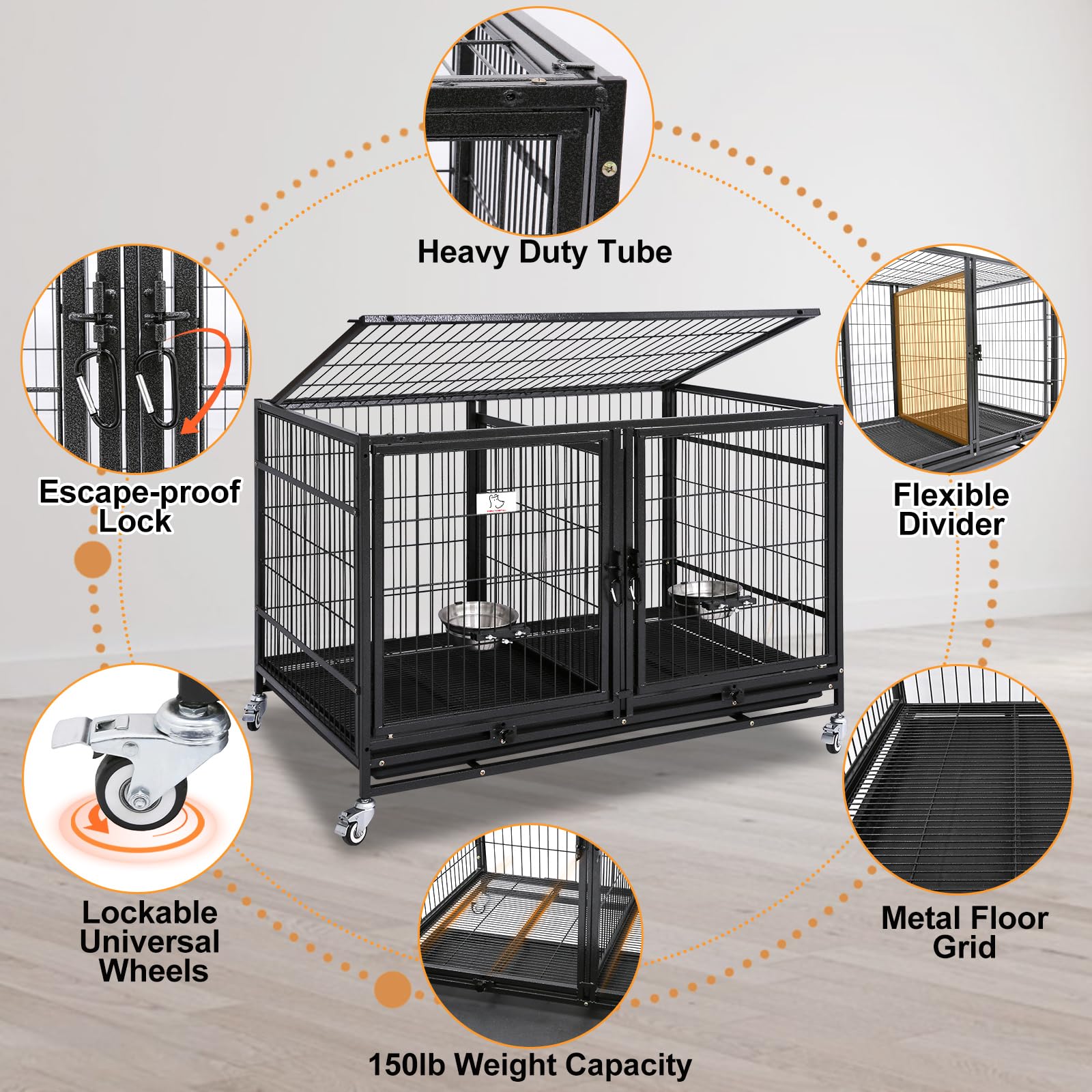 Homey Pet 43 Inch Metal Open Top Stackable Heavy Duty Dog Cage Kennel with Three Door, Metal Floor Grid, Tray, Wheels, Divider a